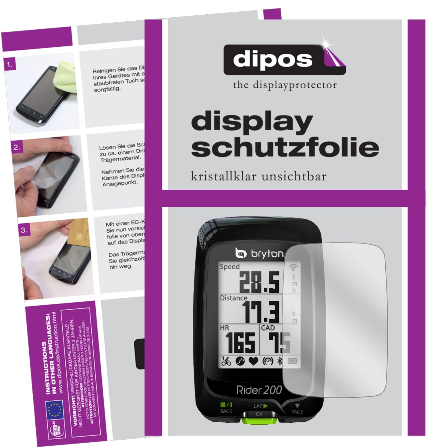 Klare Displayschutzfolie von dipos passend für Bryton Rider 200, präziser Zuschnitt und blasenfrei montiert