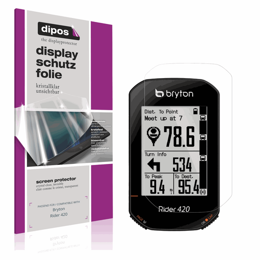 Klare Displayschutzfolie von dipos passend für Bryton Rider 420, präziser Zuschnitt und blasenfrei montiert