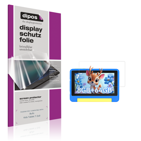Klare Displayschutzfolie von dipos passend für Bufo Kids Tablet 7 Zoll, präziser Zuschnitt und blasenfrei montiert