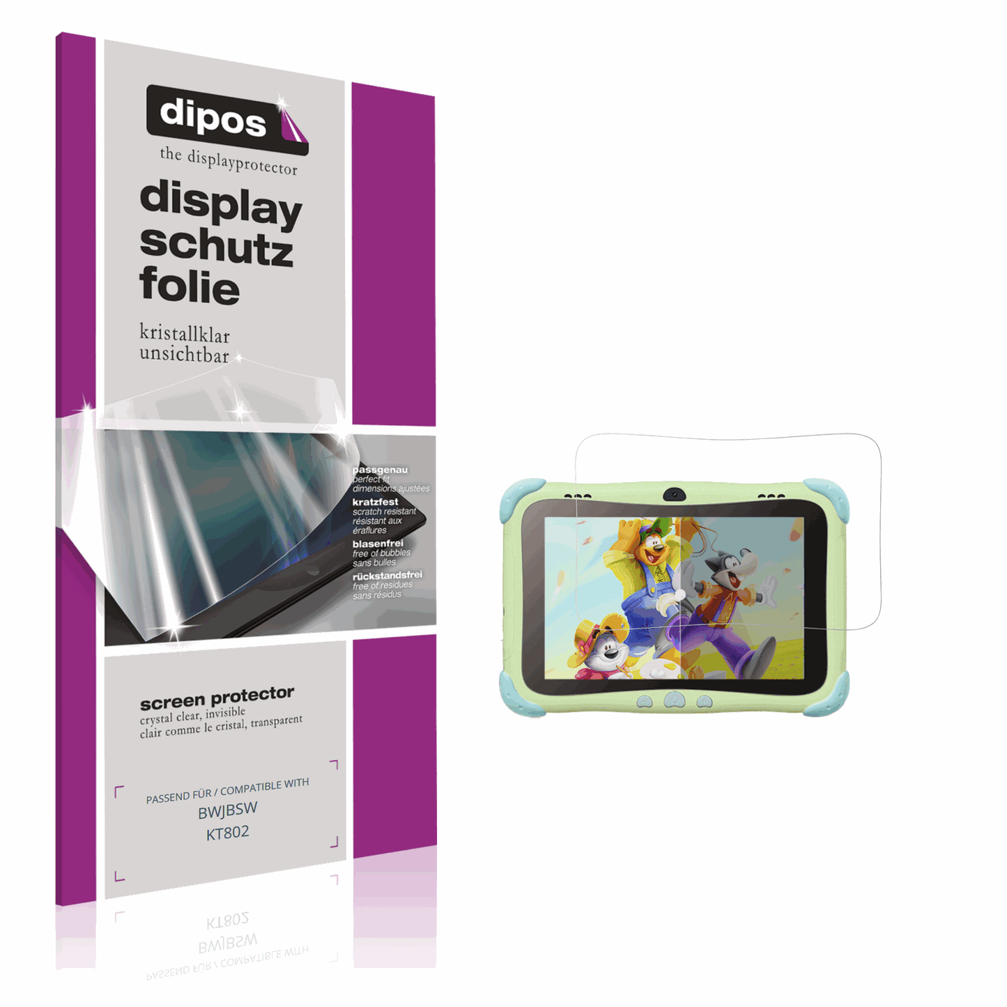 Klare Displayschutzfolie von dipos passend für BWJBSW KT802, präziser Zuschnitt und blasenfrei montiert