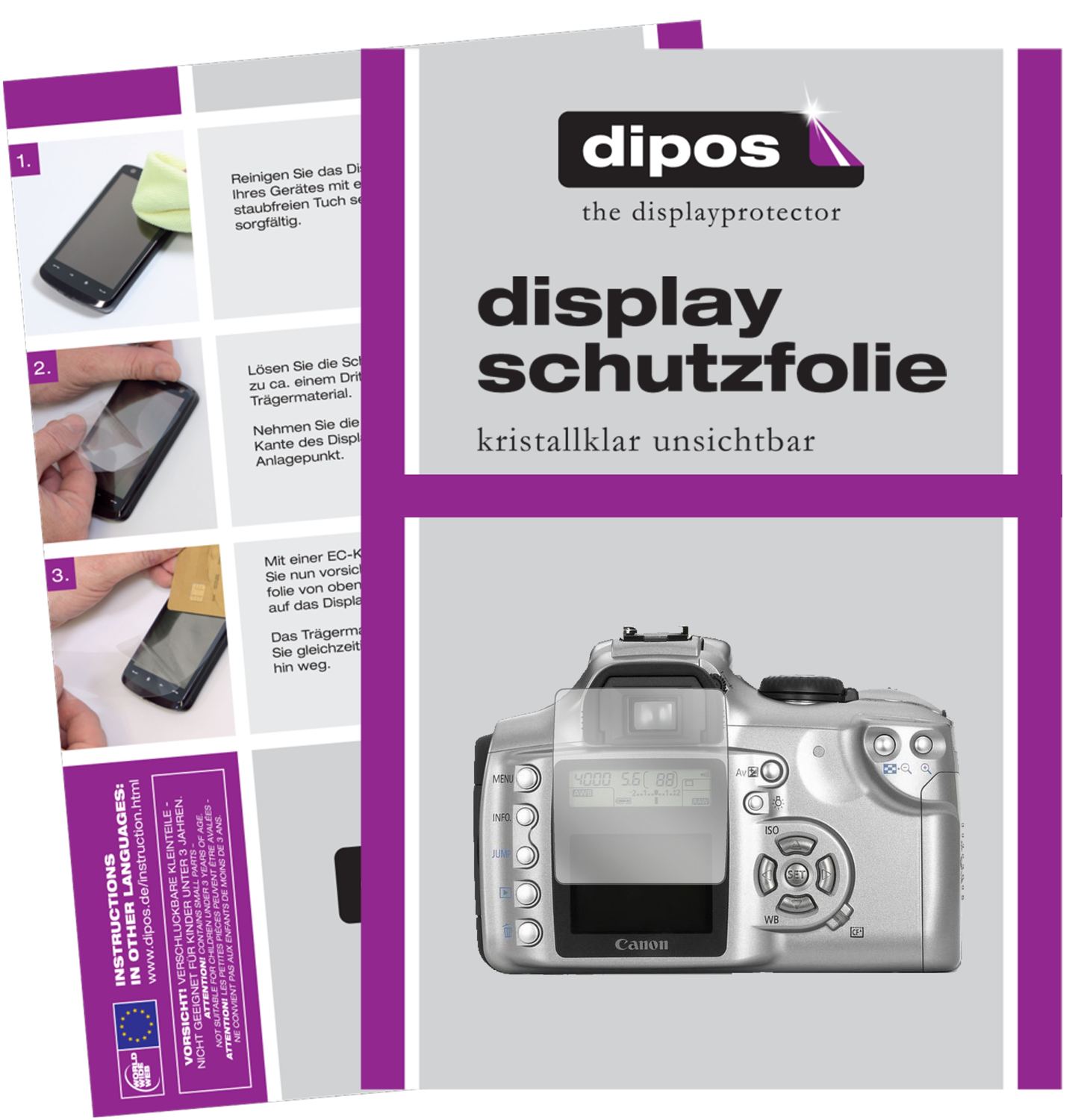 Klare Displayschutzfolie von dipos passend für Canon EOS 300D, präziser Zuschnitt und blasenfrei montiert