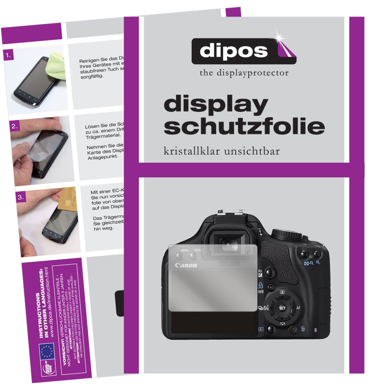 Klare Displayschutzfolie von dipos passend für Canon EOS 500D, präziser Zuschnitt und blasenfrei montiert