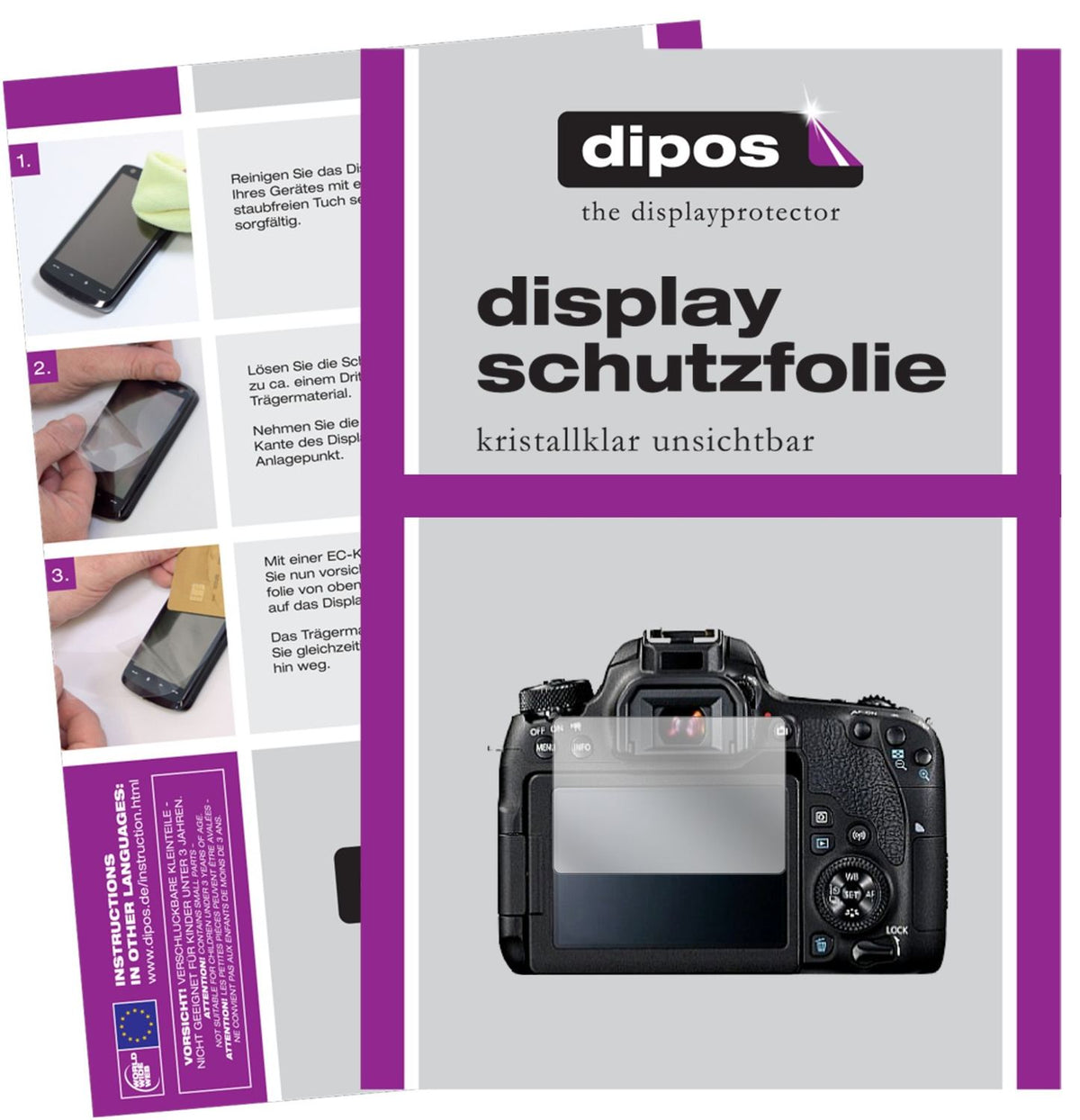 Klare Displayschutzfolie von dipos passend für Canon EOS 77D, präziser Zuschnitt und blasenfrei montiert