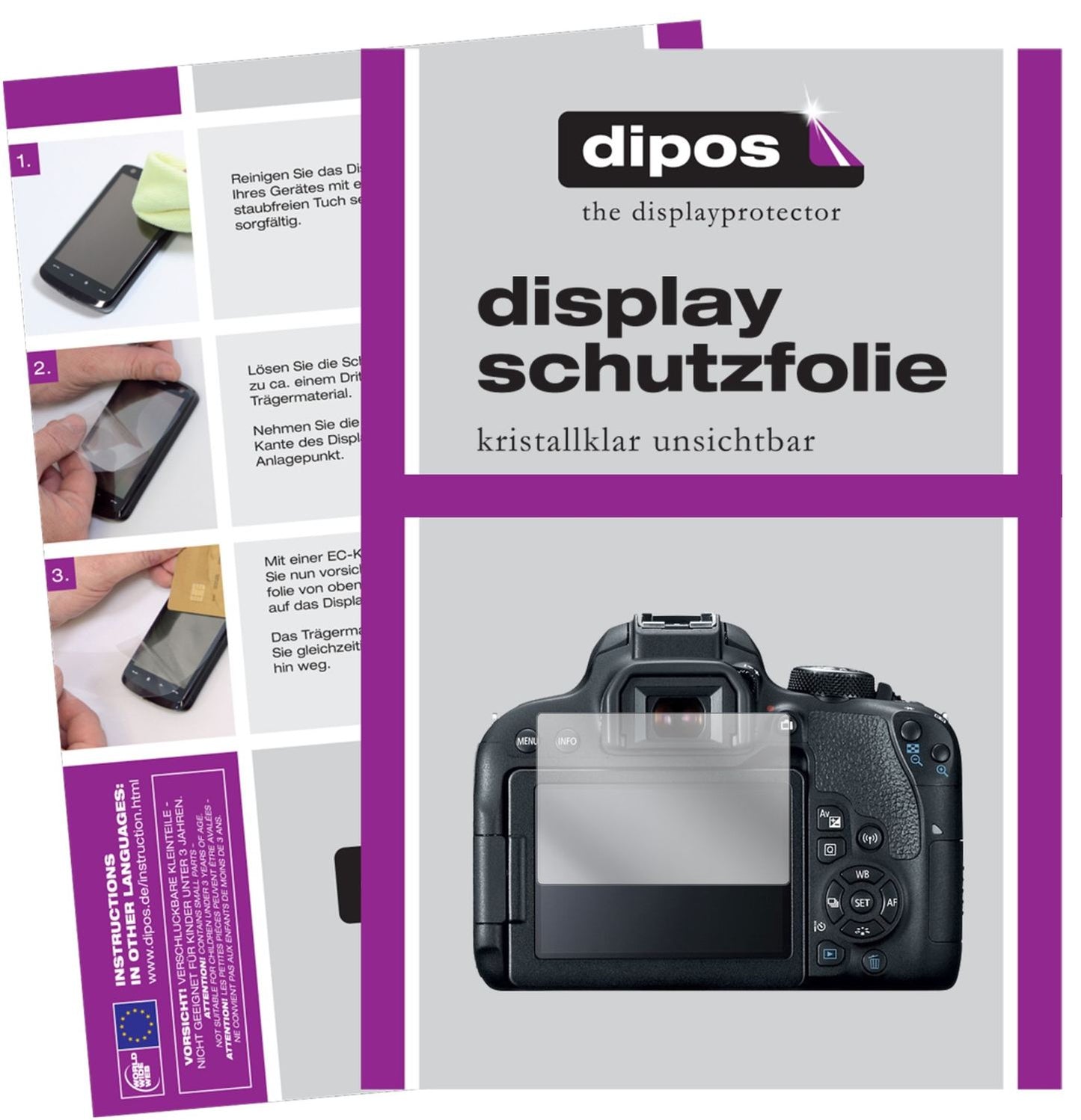 Klare Displayschutzfolie von dipos passend für Canon EOS 800D, präziser Zuschnitt und blasenfrei montiert