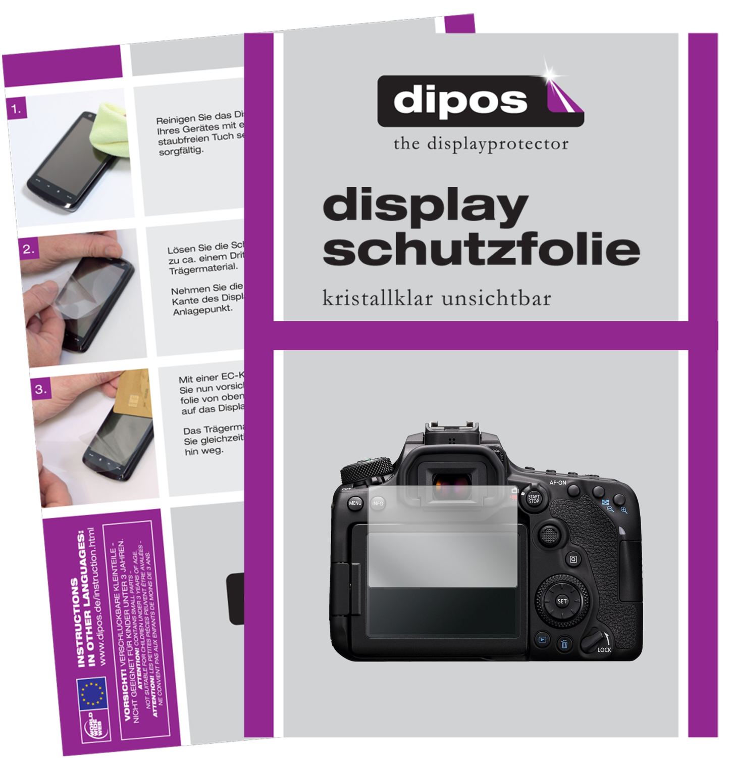 Klare Displayschutzfolie von dipos passend für Canon EOS 90D, präziser Zuschnitt und blasenfrei montiert