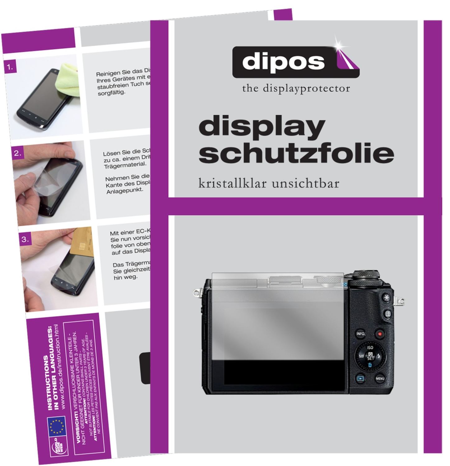 Klare Displayschutzfolie von dipos passend für Canon EOS M6, präziser Zuschnitt und blasenfrei montiert