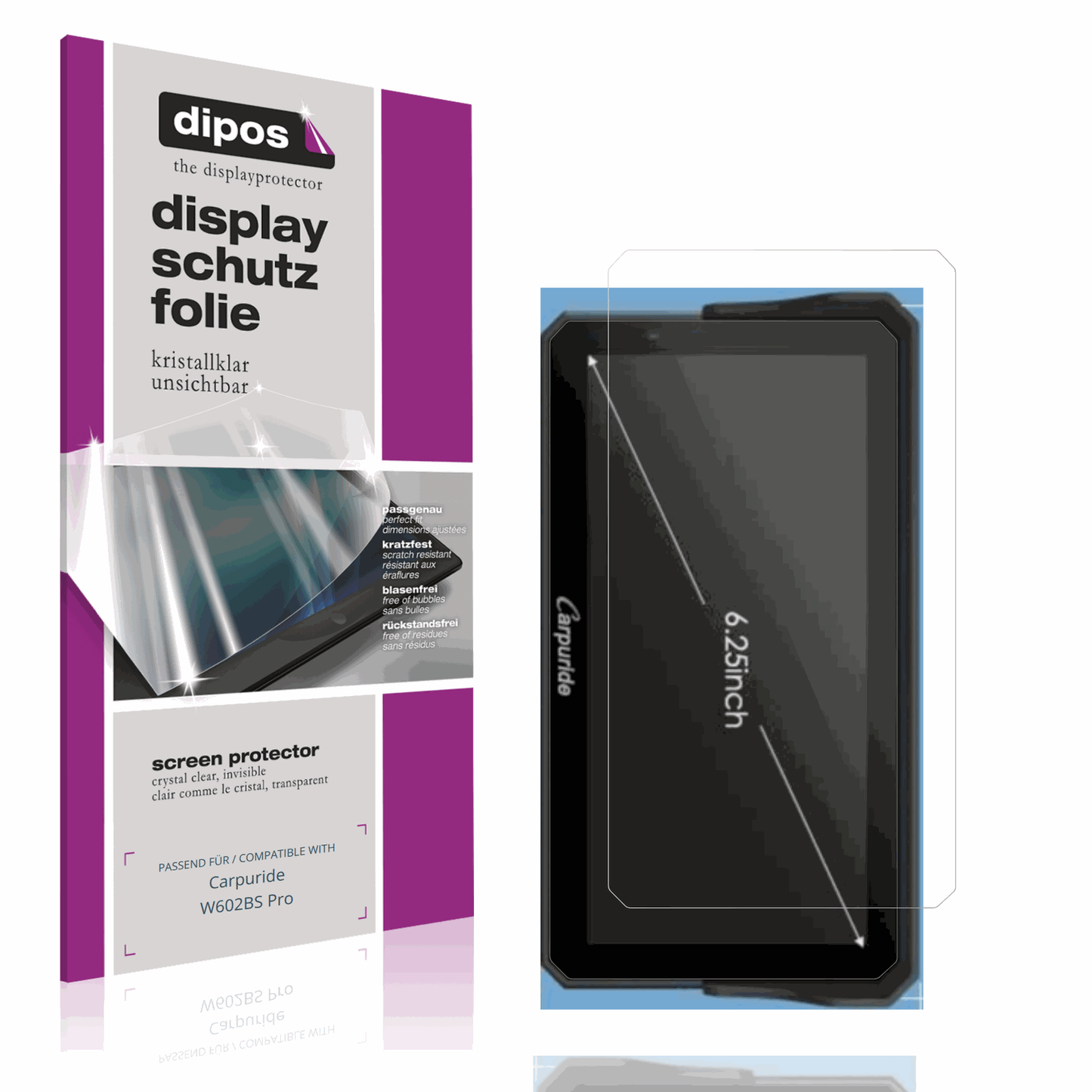 Klare Displayschutzfolie von dipos passend für Carpuride W602BS Pro, präziser Zuschnitt und blasenfrei montiert