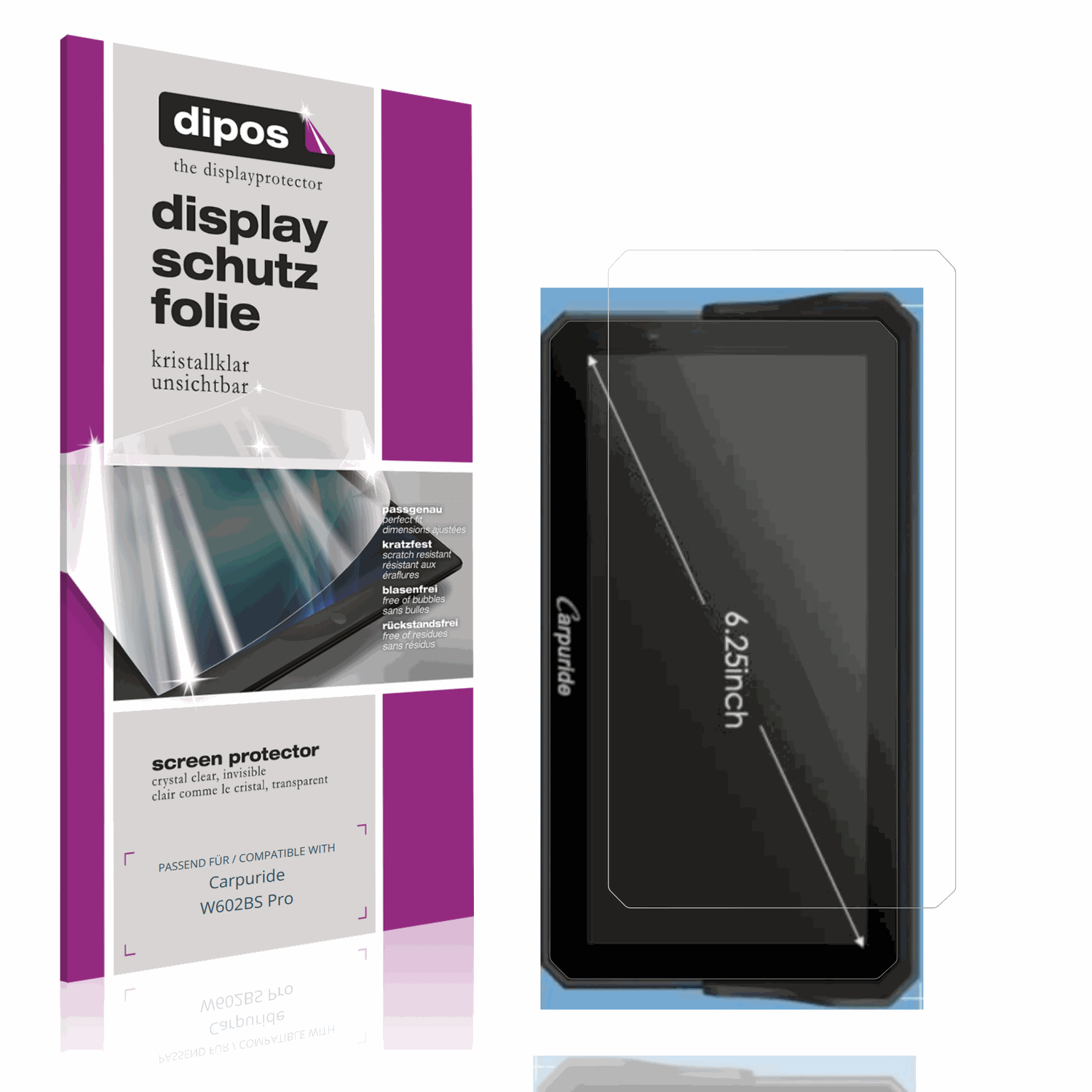 Klare Displayschutzfolie von dipos passend für Carpuride W602BS Pro, präziser Zuschnitt und blasenfrei montiert