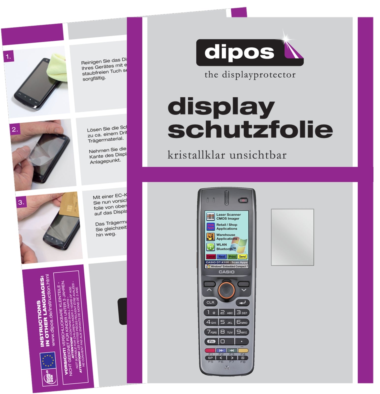 Klare Displayschutzfolie von dipos passend für Casio DT-X100, präziser Zuschnitt und blasenfrei montiert