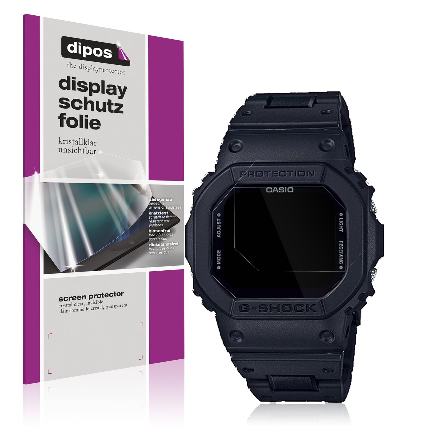 Klare Displayschutzfolie von dipos passend für Casio G-Shock GW-B5600BC-1B, präziser Zuschnitt und blasenfrei montiert