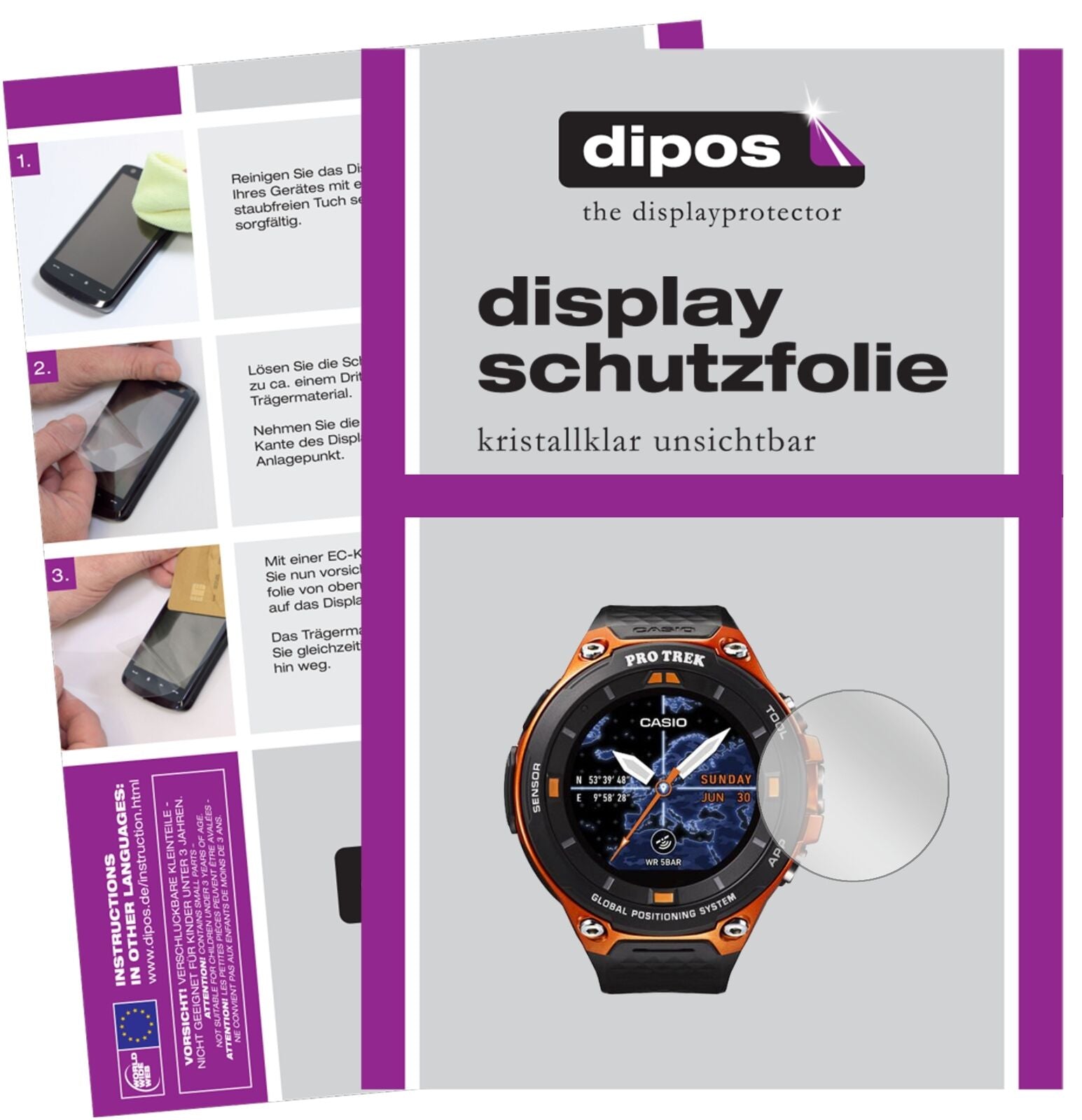 Klare Displayschutzfolie von dipos passend für Casio WSD-F20, präziser Zuschnitt und blasenfrei montiert
