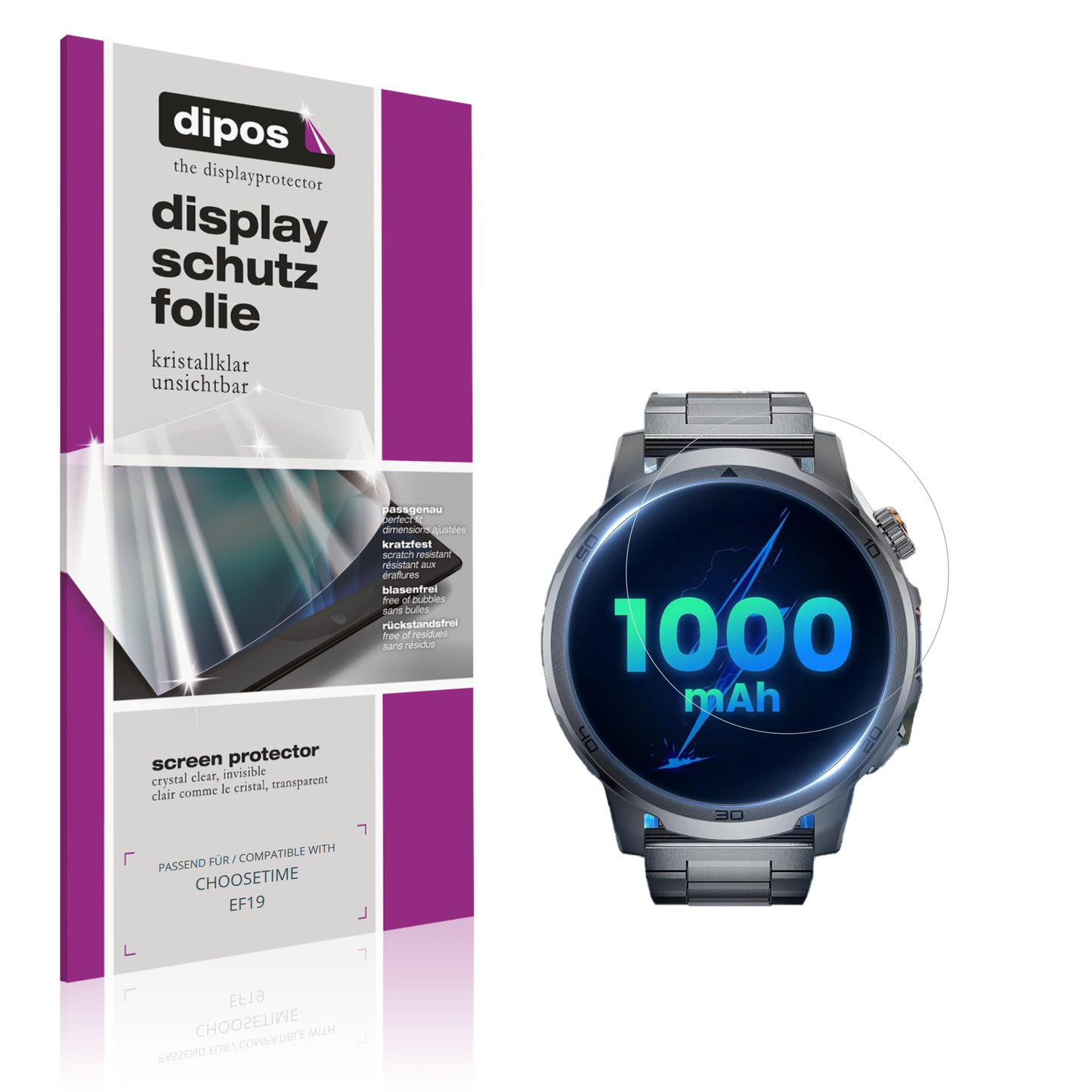 Klare Displayschutzfolie von dipos passend für CHOOSETIME EF19, präziser Zuschnitt und blasenfrei montiert