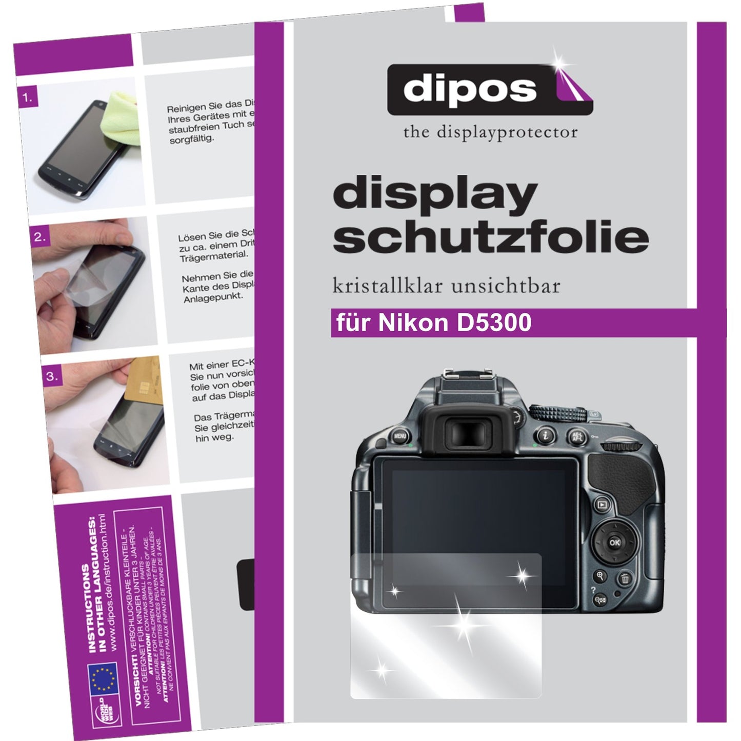 Klare Displayschutzfolie von dipos passend für D5300 Nikon, präziser Zuschnitt und blasenfrei montiert