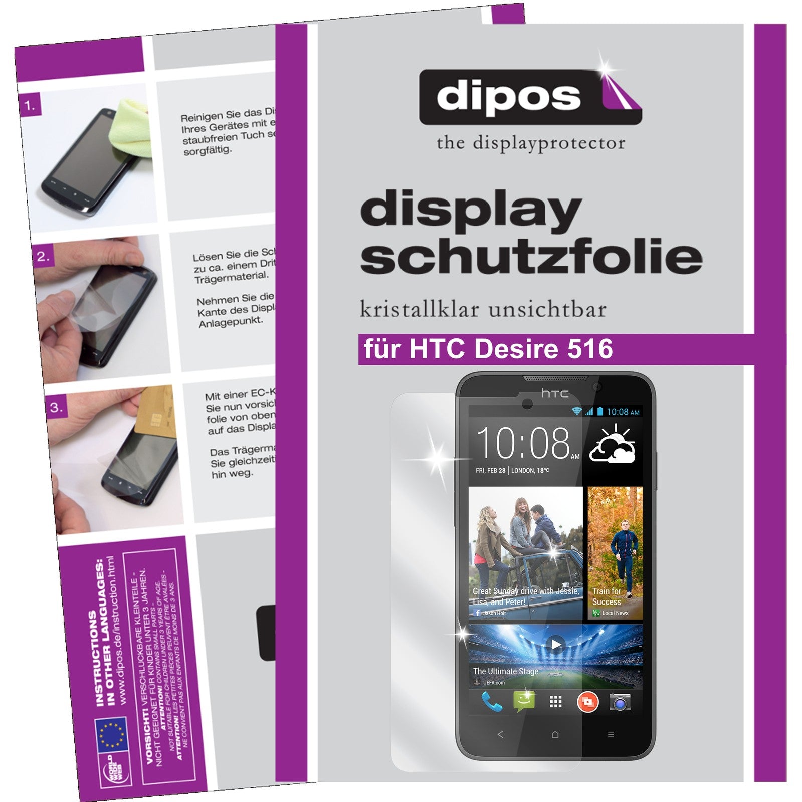 Klare Displayschutzfolie von dipos passend für Desire 516 HTC, präziser Zuschnitt und blasenfrei montiert