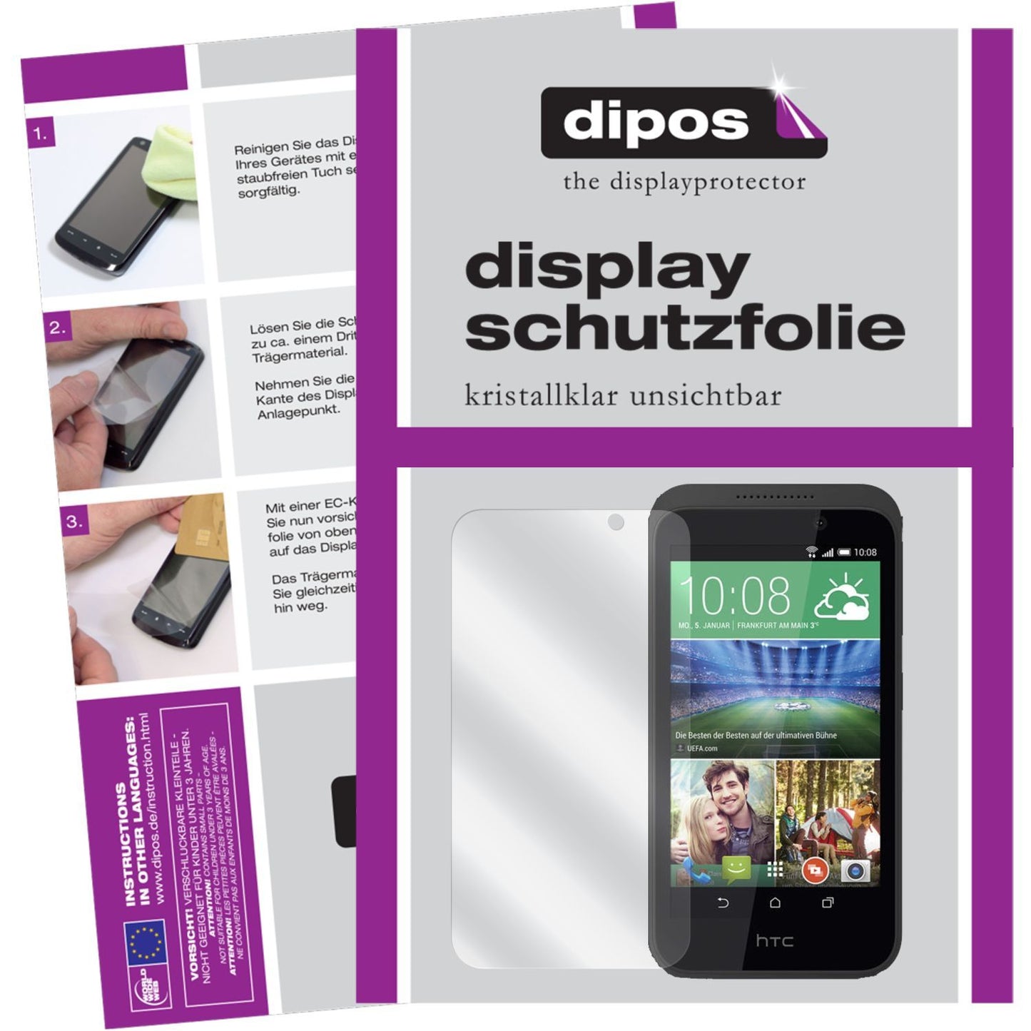 Klare Displayschutzfolie von dipos passend für Desire 526G HTC, präziser Zuschnitt und blasenfrei montiert