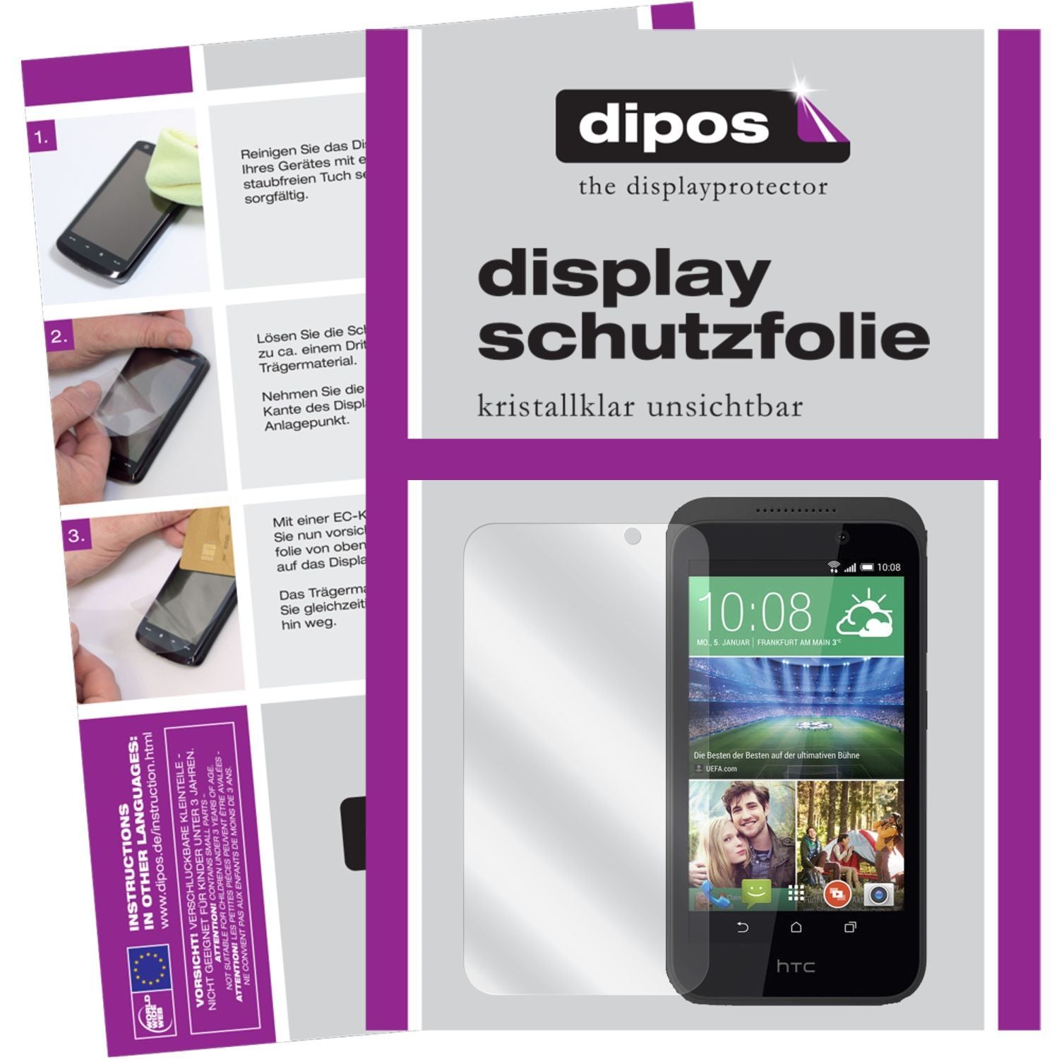 Klare Displayschutzfolie von dipos passend für Desire 526G HTC, präziser Zuschnitt und blasenfrei montiert