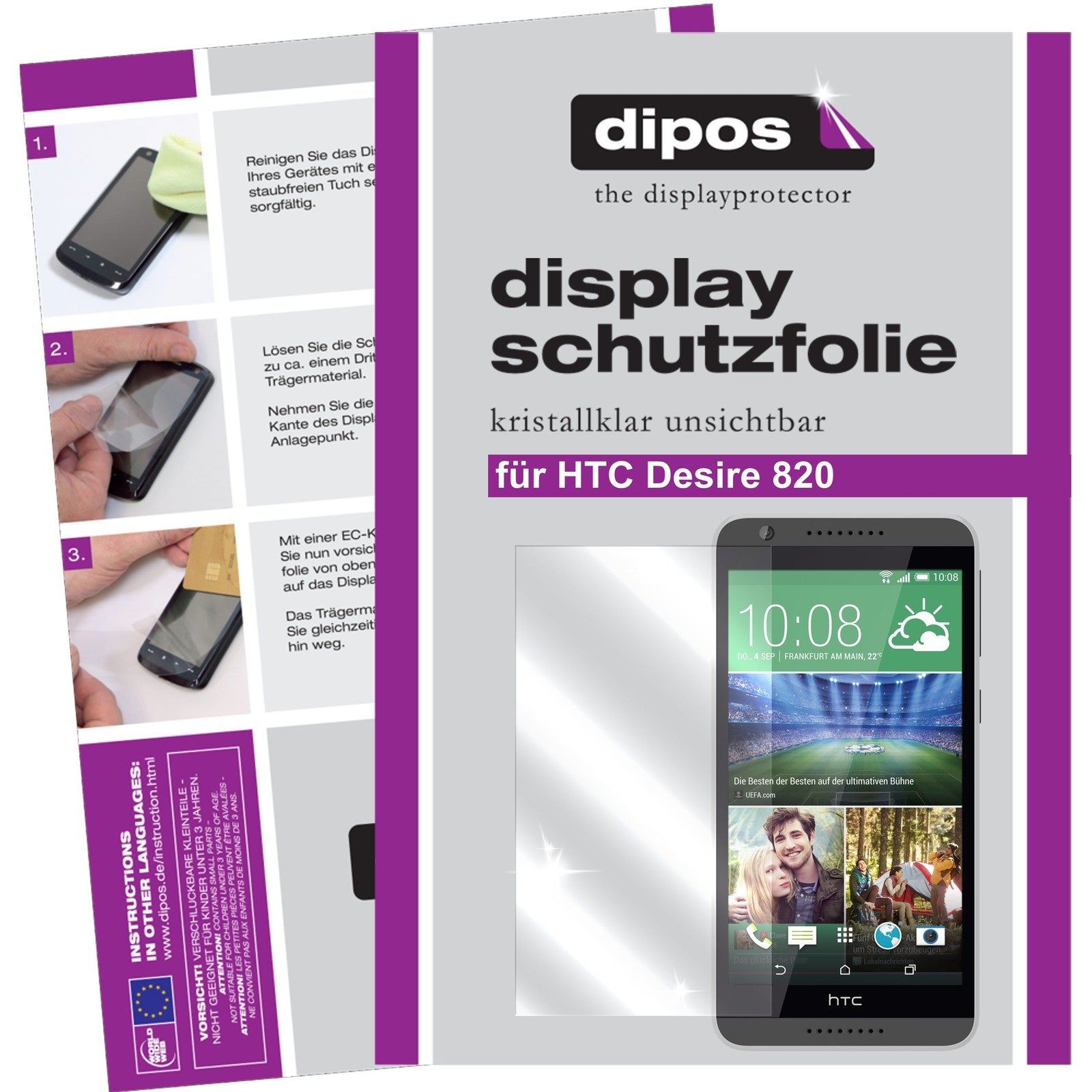 Klare Displayschutzfolie von dipos passend für Desire 820 HTC, präziser Zuschnitt und blasenfrei montiert
