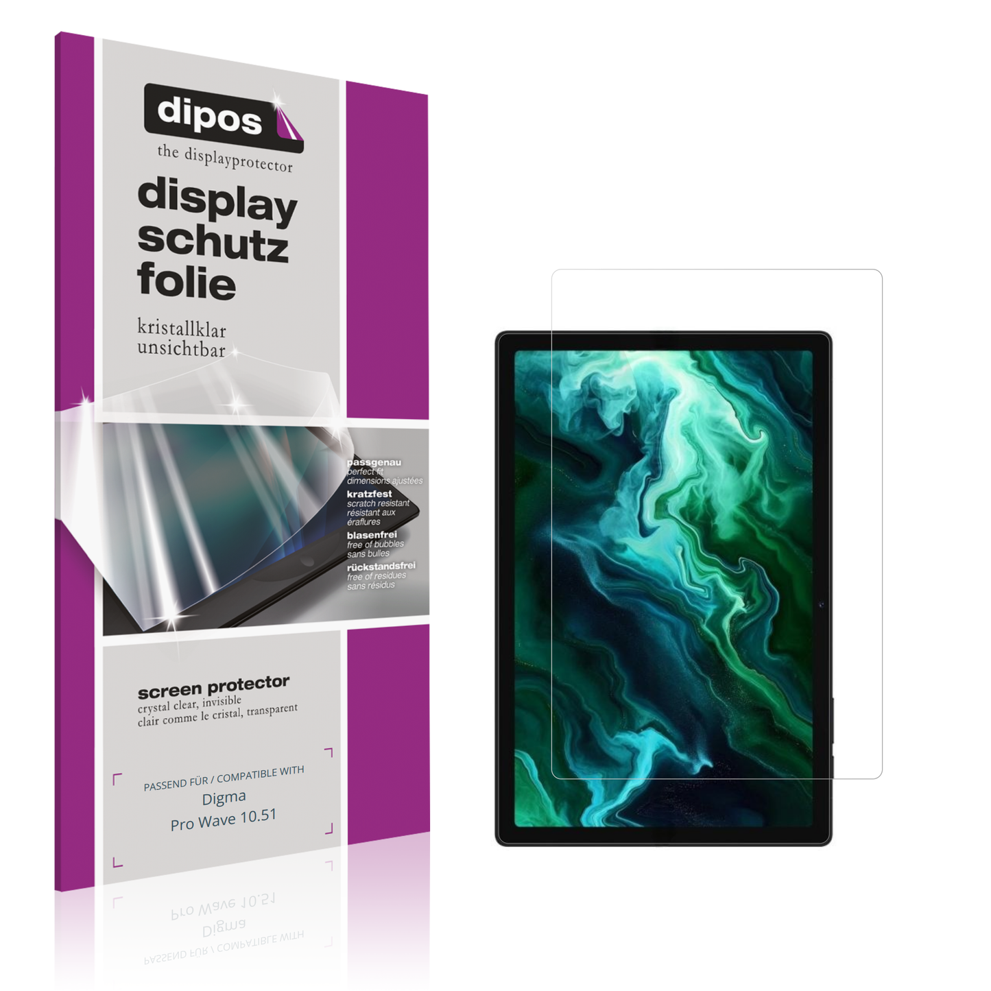 Klare Displayschutzfolie von dipos passend für Digma Pro Wave 10.51, präziser Zuschnitt und blasenfrei montiert