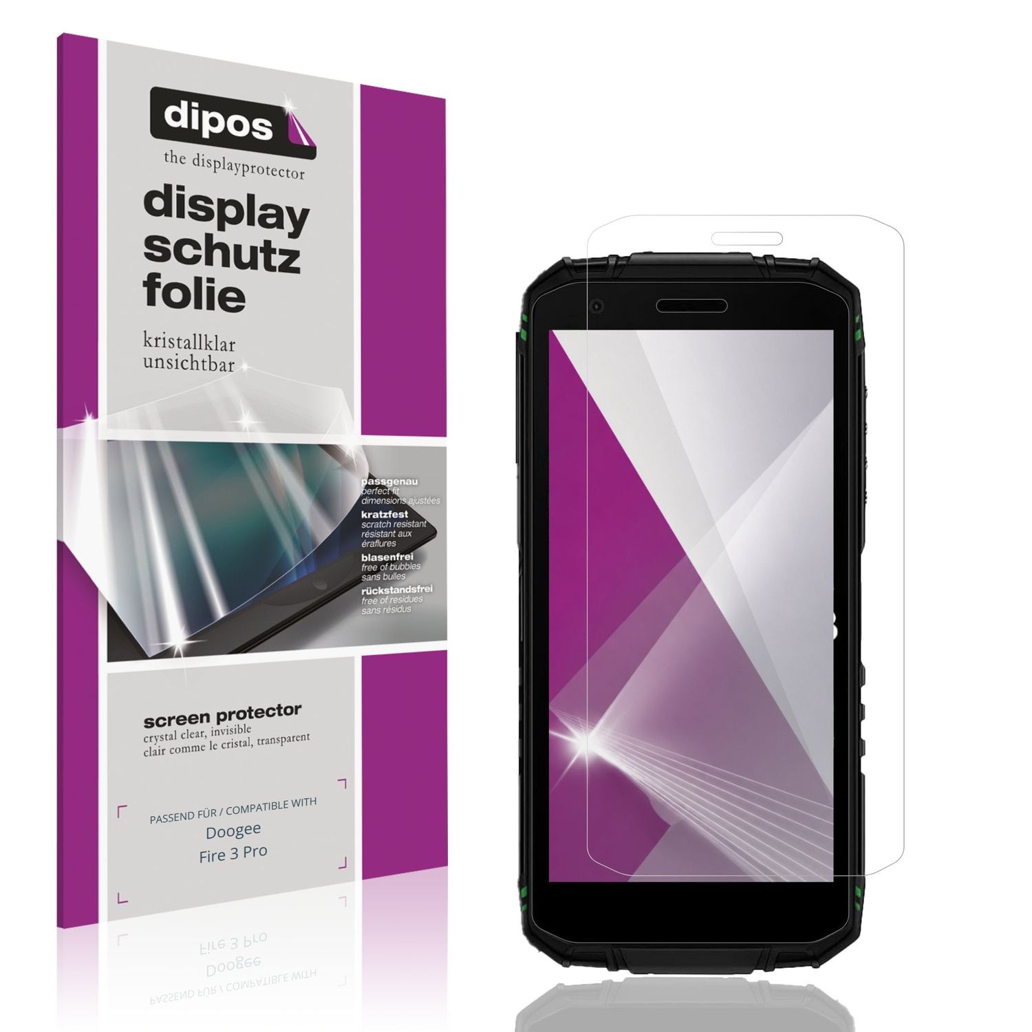 Klare Displayschutzfolie von dipos passend für Doogee Fire 3 Pro, präziser Zuschnitt und blasenfrei montiert