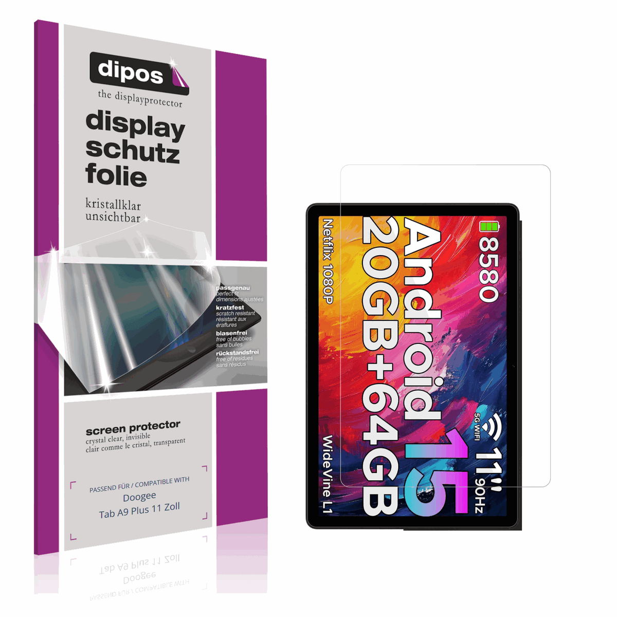 Klare Displayschutzfolie von dipos passend f�r Doogee Tab A9 Plus 11 Zoll, pr�ziser Zuschnitt und blasenfrei montiert