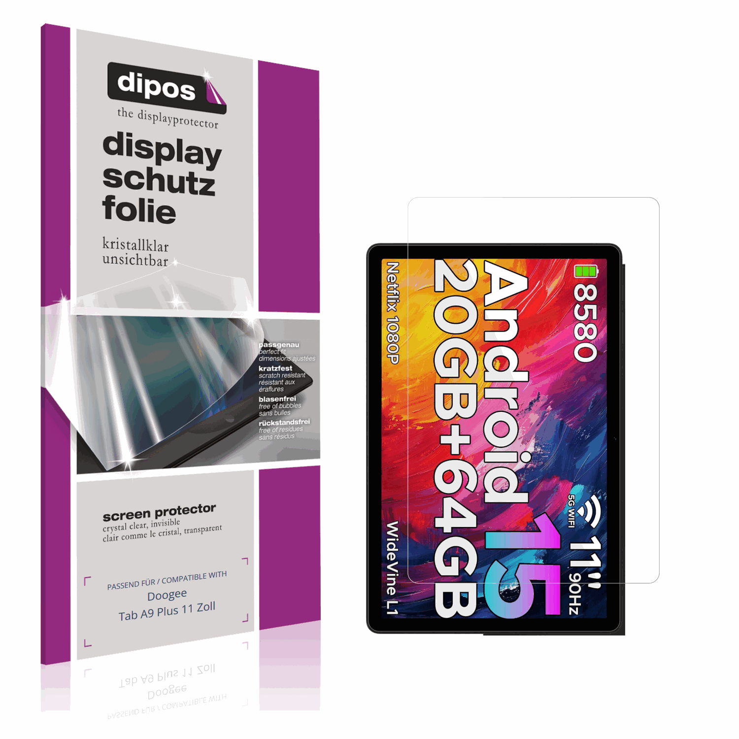 Klare Displayschutzfolie von dipos passend f�r Doogee Tab A9 Plus 11 Zoll, pr�ziser Zuschnitt und blasenfrei montiert