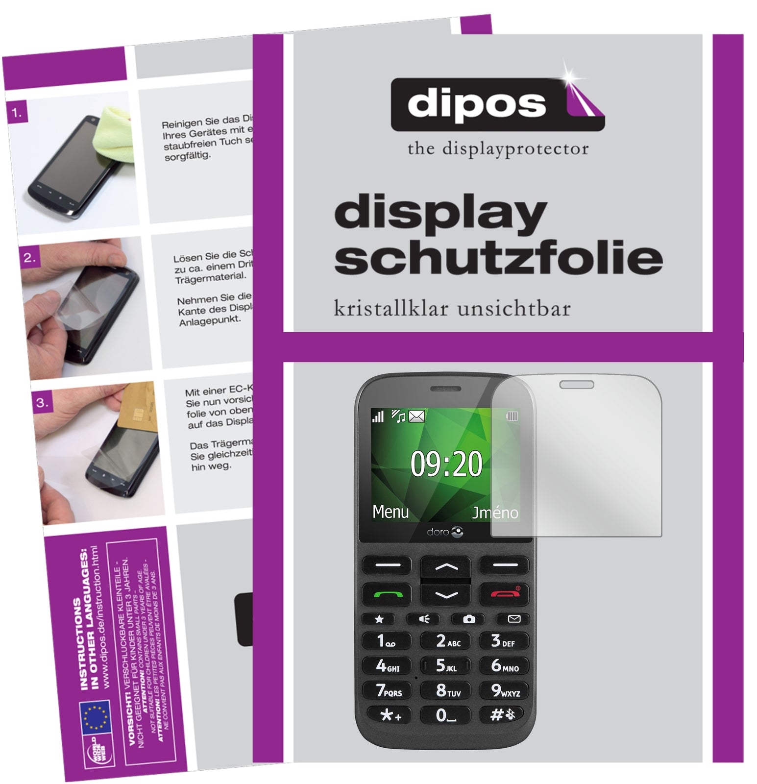 Klare Displayschutzfolie von dipos passend für Doro 1370, präziser Zuschnitt und blasenfrei montiert