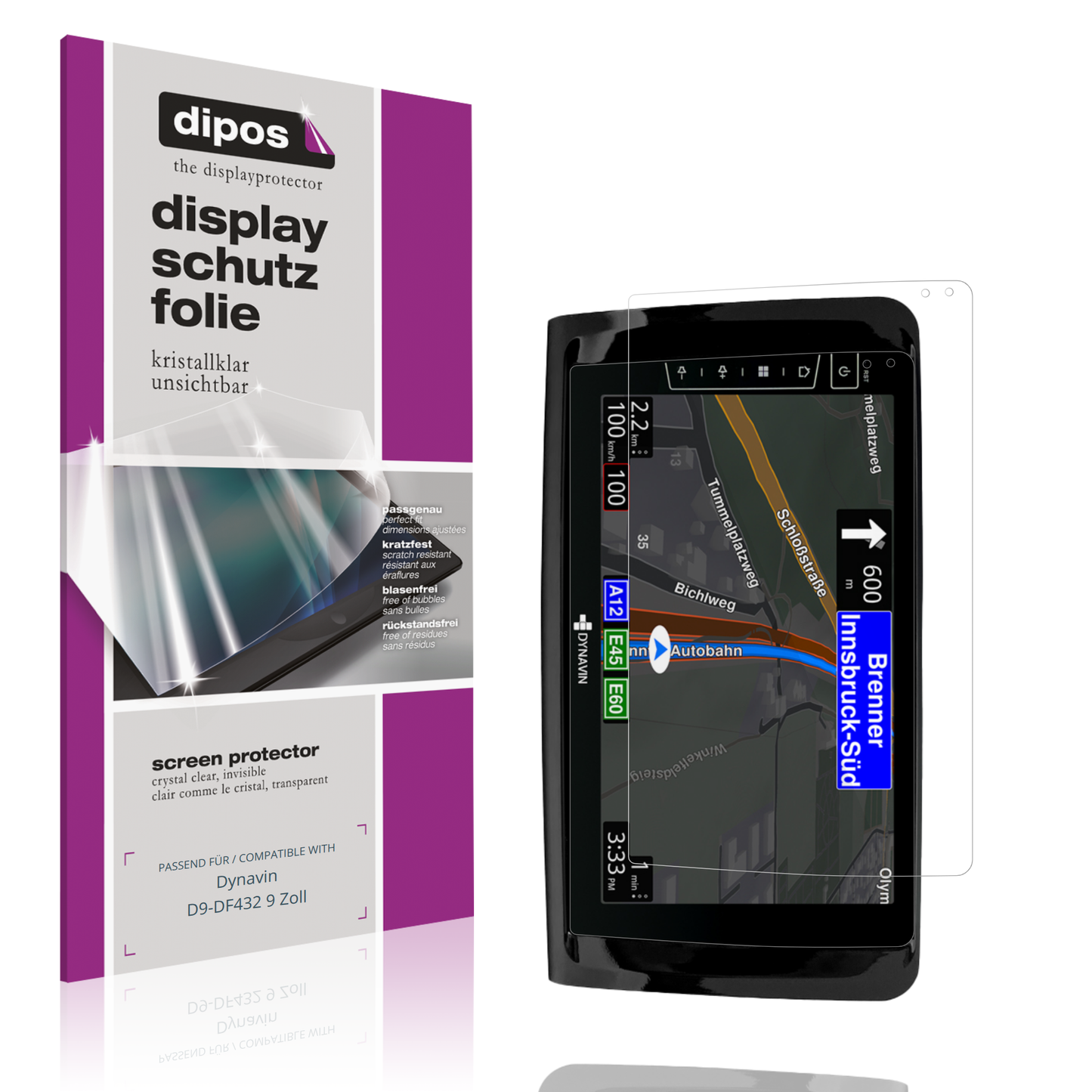 Klare Displayschutzfolie von dipos passend für Dynavin D9-DF432 9 Zoll, präziser Zuschnitt und blasenfrei montiert