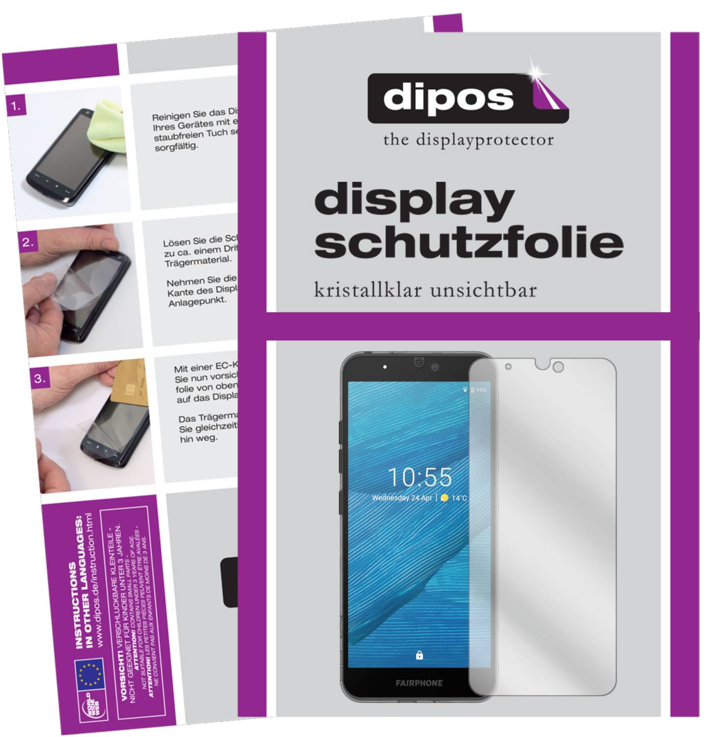 Klare Displayschutzfolie von dipos passend für Fairphone 3 Plus, präziser Zuschnitt und blasenfrei montiert