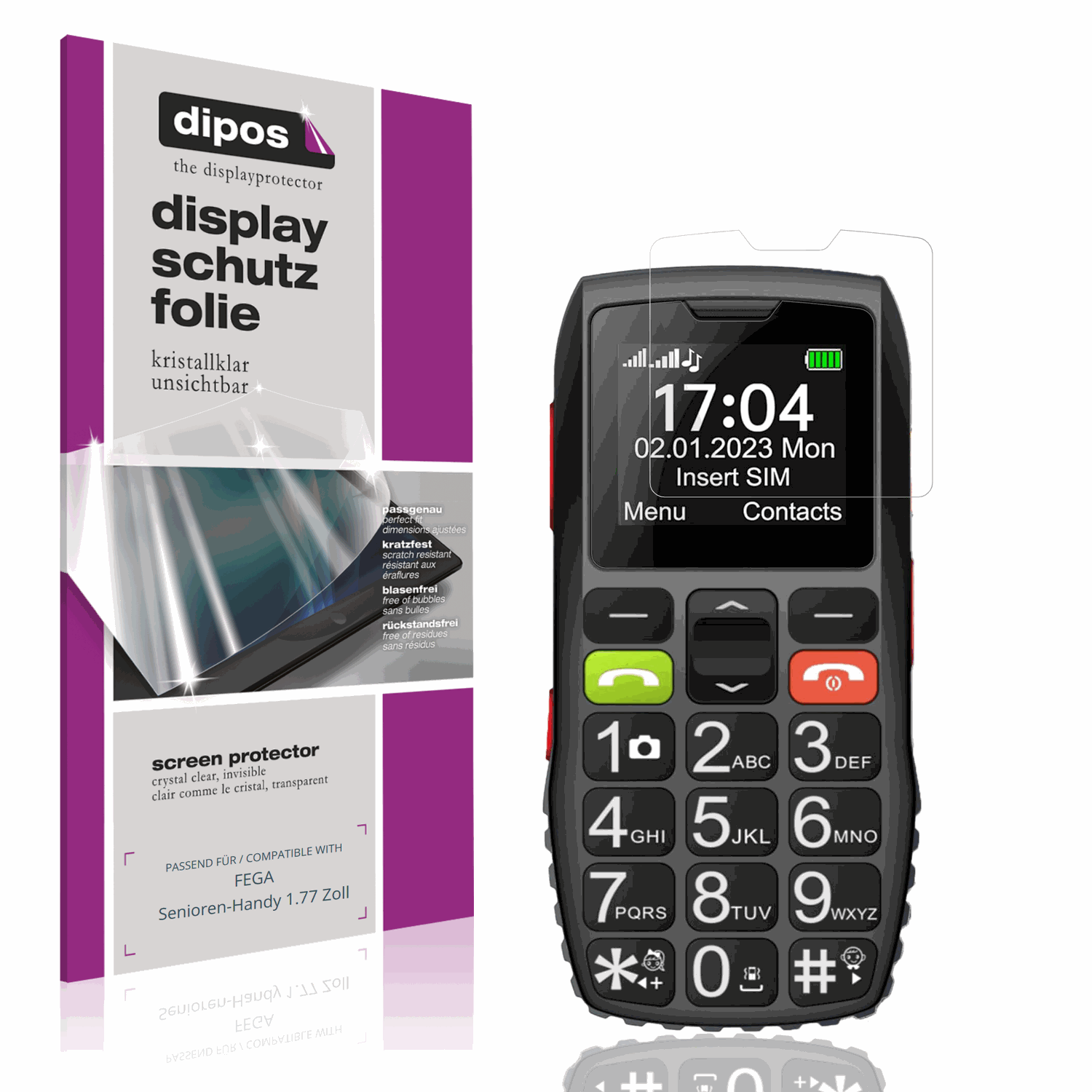 Klare Displayschutzfolie von dipos passend für FEGA Senioren-Handy 1.77 Zoll, präziser Zuschnitt und blasenfrei montiert