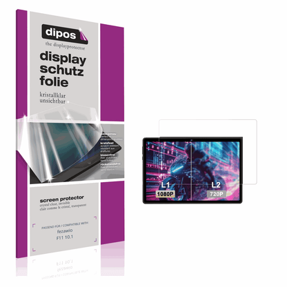Klare Displayschutzfolie von dipos passend für fezawio F11 10.1, präziser Zuschnitt und blasenfrei montiert