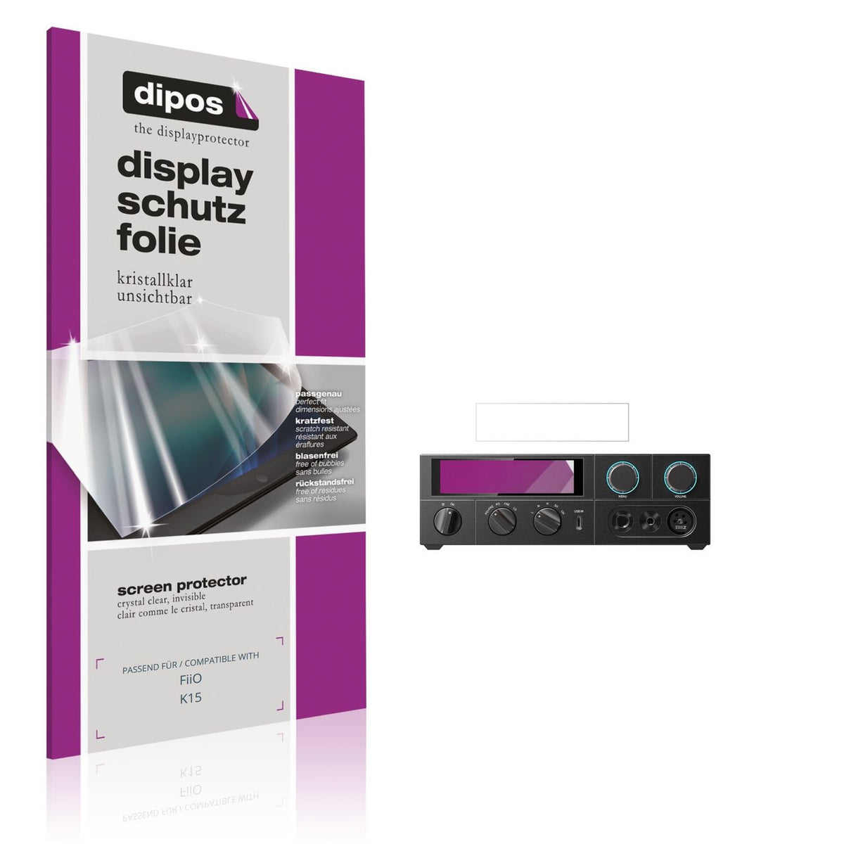 Klare Displayschutzfolie von dipos passend für FiiO K15, präziser Zuschnitt und blasenfrei montiert
