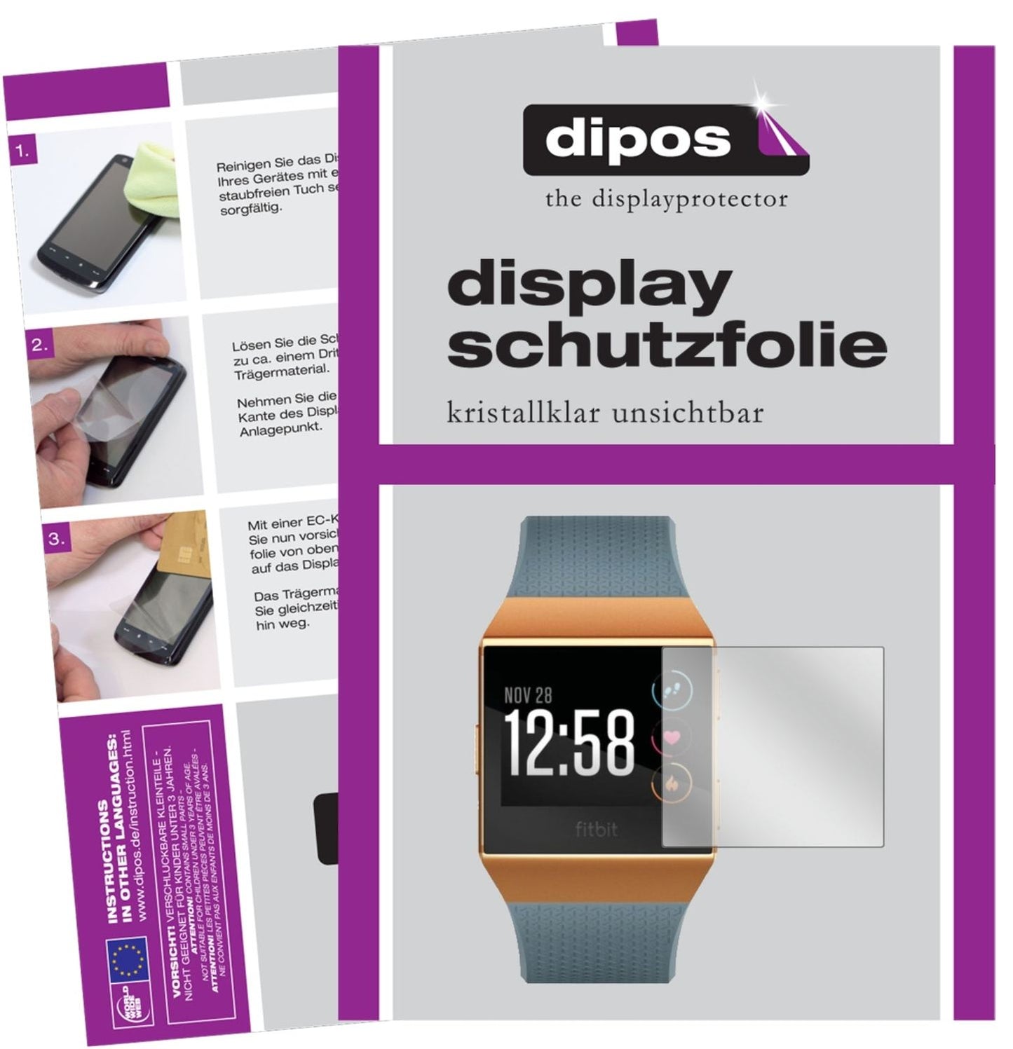 Klare Displayschutzfolie von dipos passend für Fitbit Ionic, präziser Zuschnitt und blasenfrei montiert
