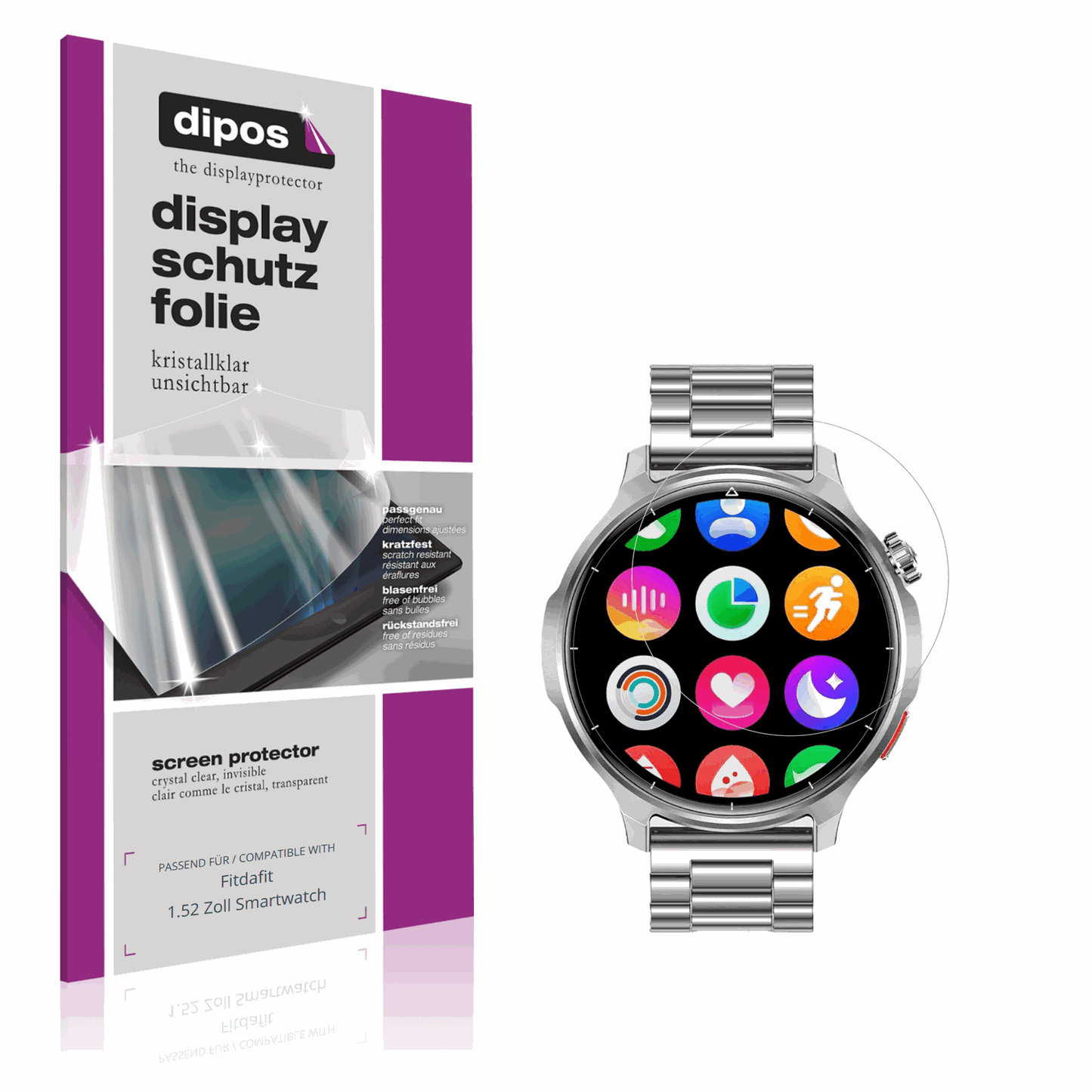 Klare Displayschutzfolie von dipos passend für Fitdafit 1.52 Zoll Smartwatch, präziser Zuschnitt und blasenfrei montiert