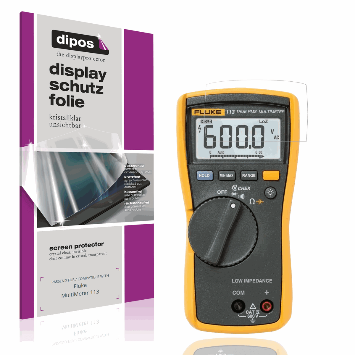 Klare Displayschutzfolie von dipos passend f�r Fluke MultiMeter 113, pr�ziser Zuschnitt und blasenfrei montiert