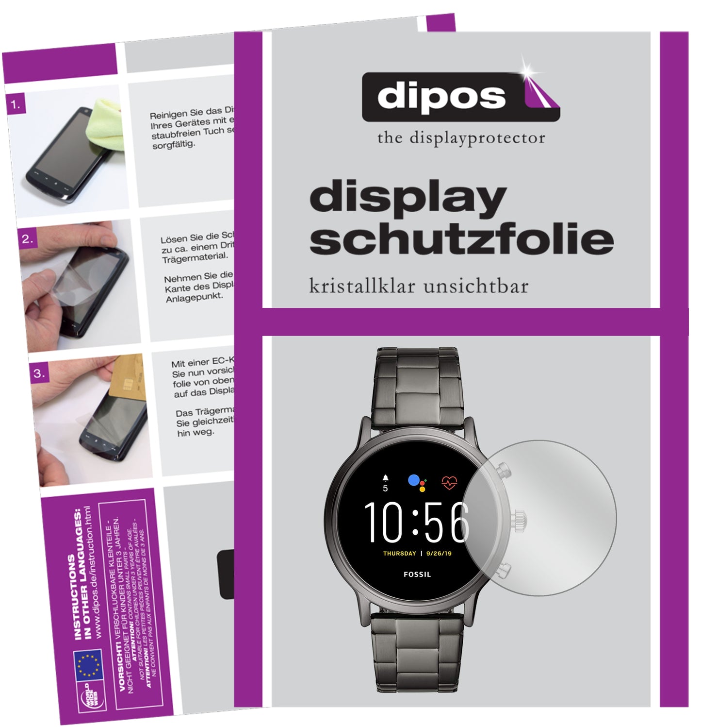 Klare Displayschutzfolie von dipos passend für Fossil Gen 5 Smartwatch, präziser Zuschnitt und blasenfrei montiert