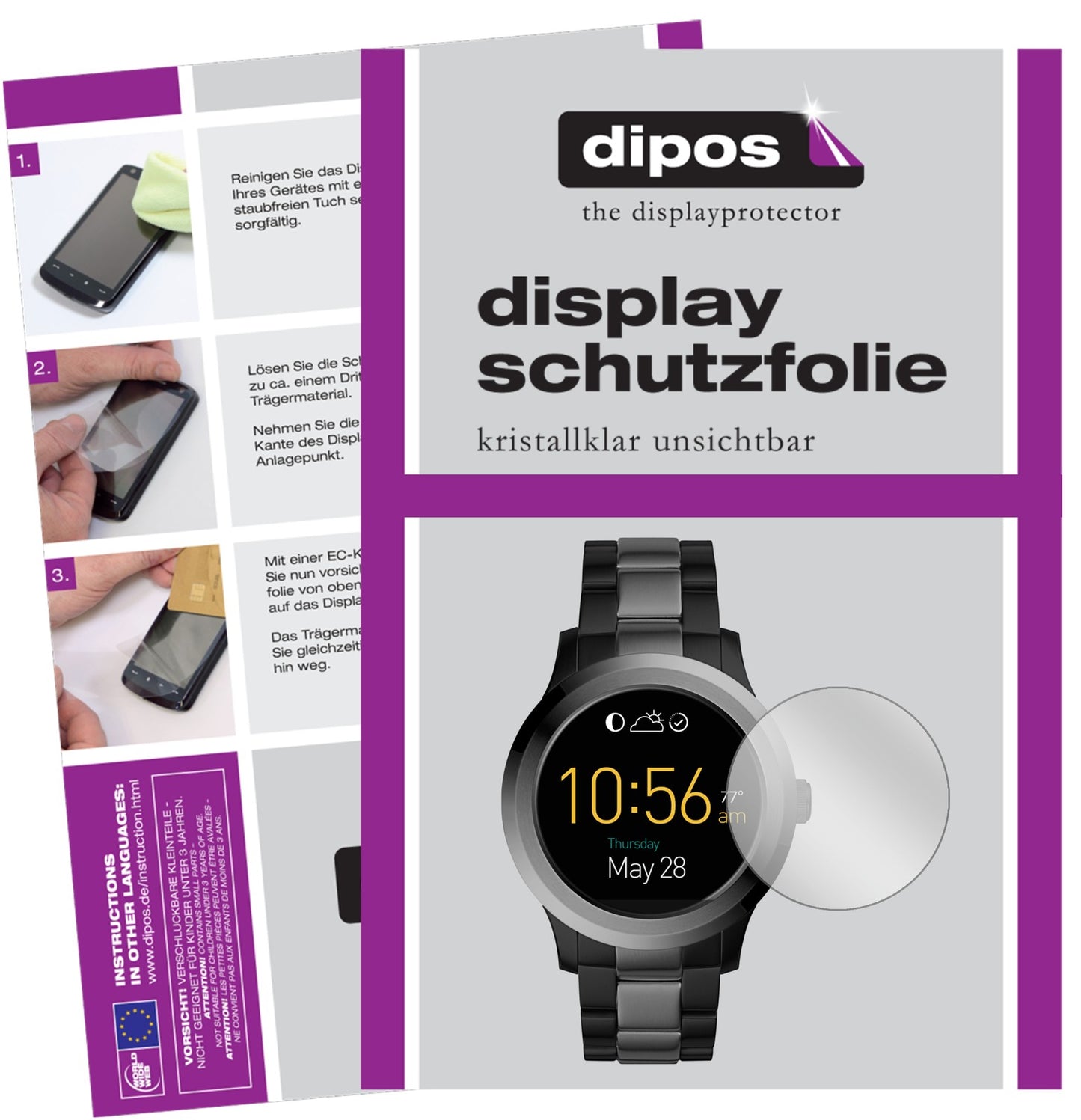 Klare Displayschutzfolie von dipos passend für Fossil Q Modern Pursuit, präziser Zuschnitt und blasenfrei montiert