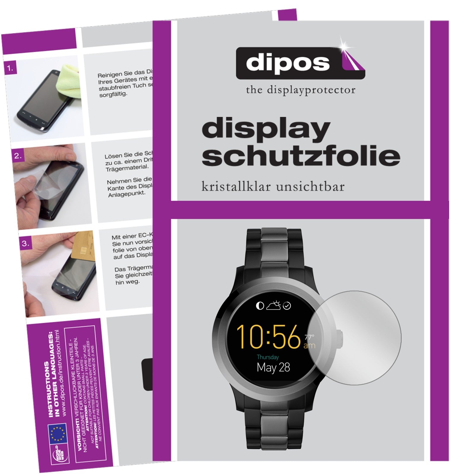 Klare Displayschutzfolie von dipos passend für Fossil Q Modern Pursuit, präziser Zuschnitt und blasenfrei montiert
