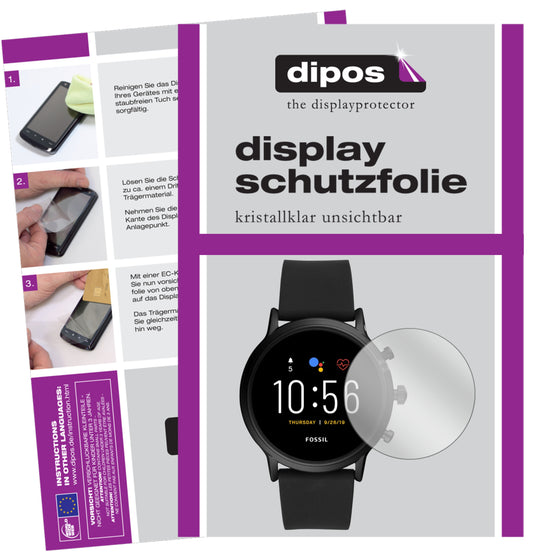 Klare Displayschutzfolie von dipos passend für Fossil The Carlyle HR (5. Gen.), präziser Zuschnitt und blasenfrei montiert