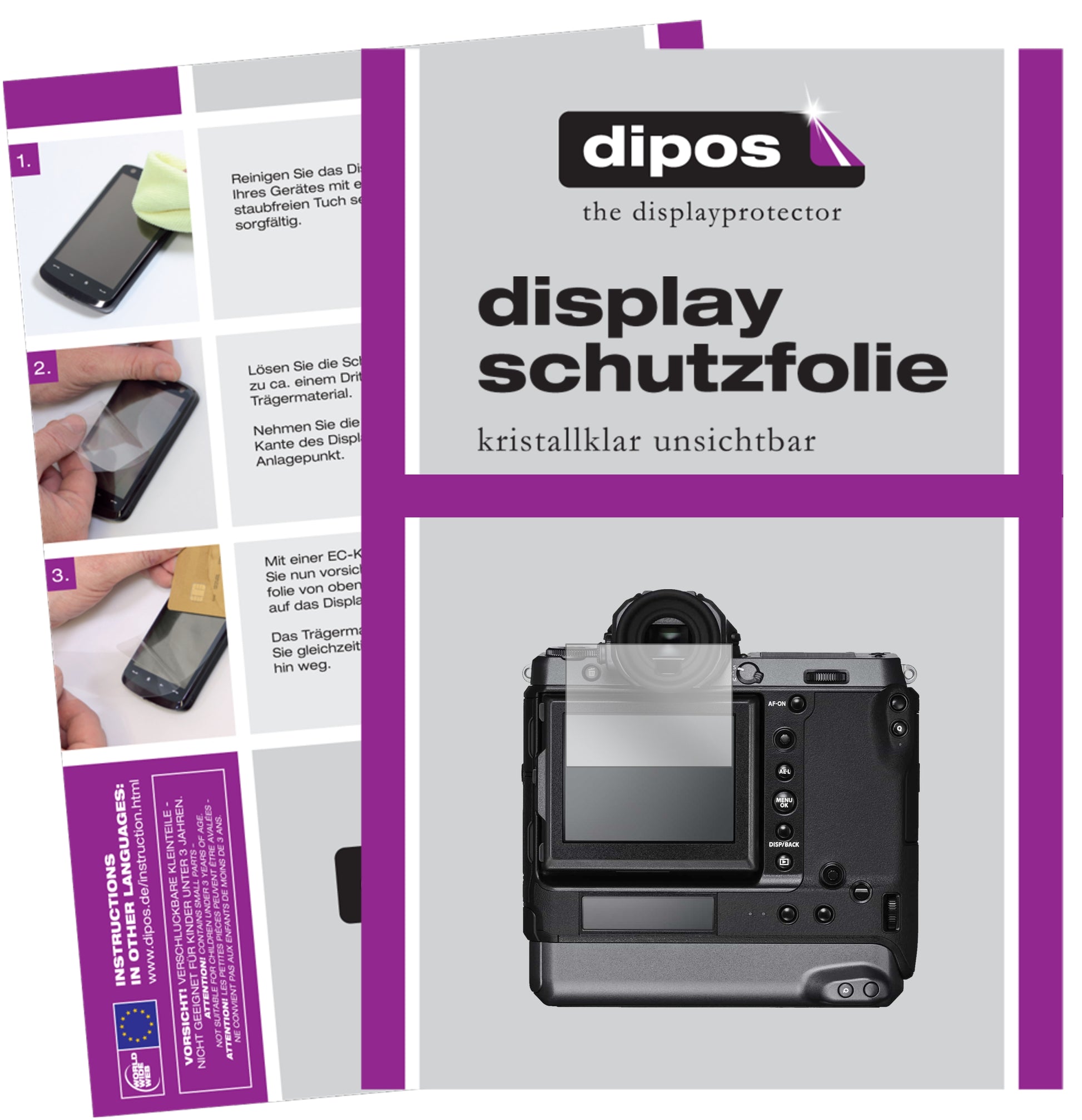 Klare Displayschutzfolie von dipos passend für Fujifilm GFX100, präziser Zuschnitt und blasenfrei montiert