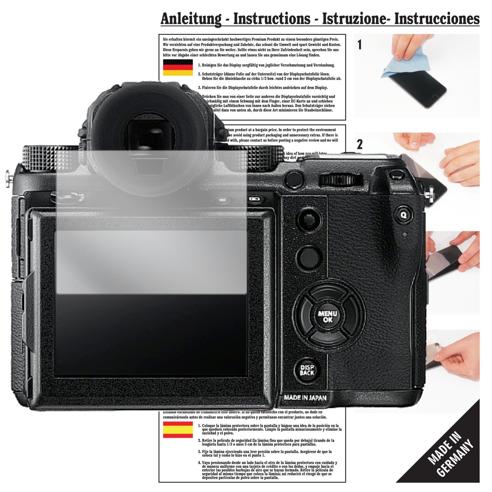 Klare Displayschutzfolie von dipos passend für Fujifilm GXF 50S, präziser Zuschnitt und blasenfrei montiert