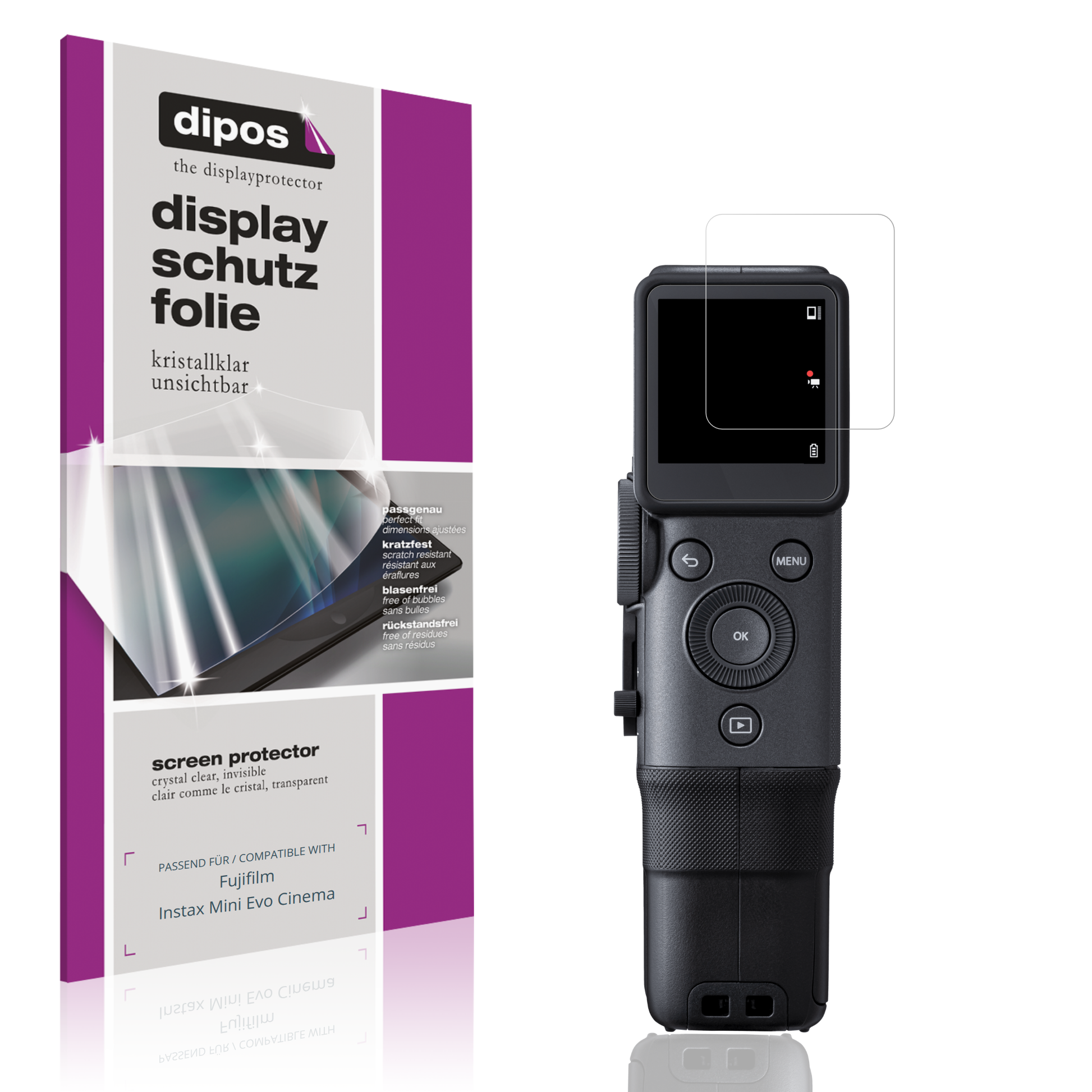 Klare Displayschutzfolie von dipos passend für Fujifilm Instax Mini Evo Cinema, präziser Zuschnitt und blasenfrei montiert