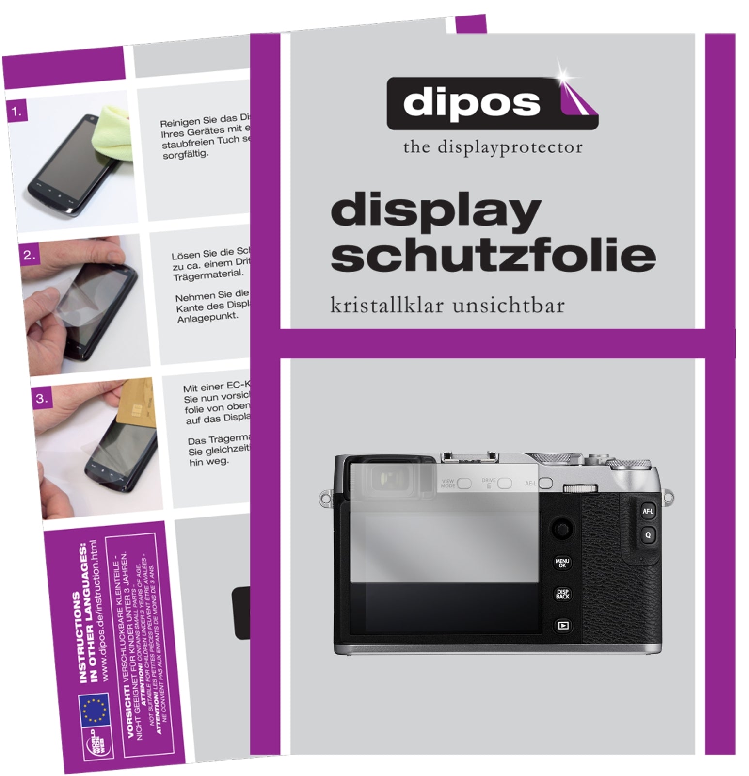 Klare Displayschutzfolie von dipos passend für Fujifilm X-E3, präziser Zuschnitt und blasenfrei montiert