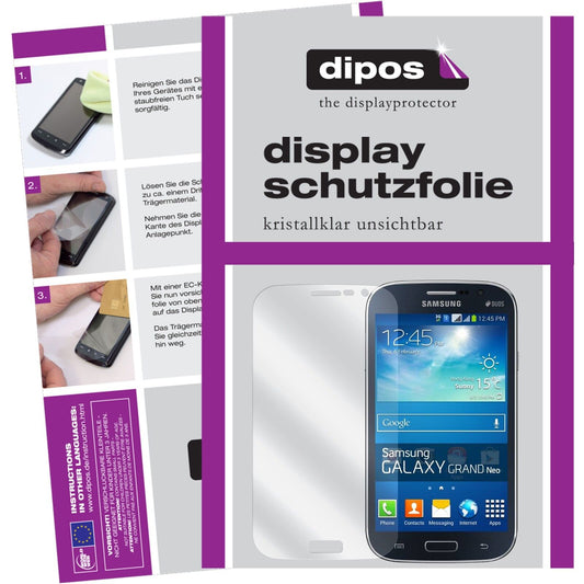 Klare Displayschutzfolie von dipos passend für Galaxy Grand Neo Plus Samsung, präziser Zuschnitt und blasenfrei montiert