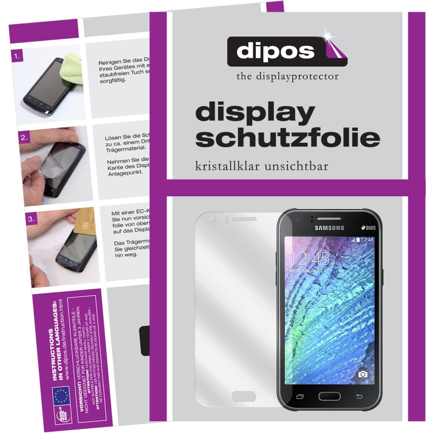 Klare Displayschutzfolie von dipos passend für Galaxy J1 Samsung, präziser Zuschnitt und blasenfrei montiert