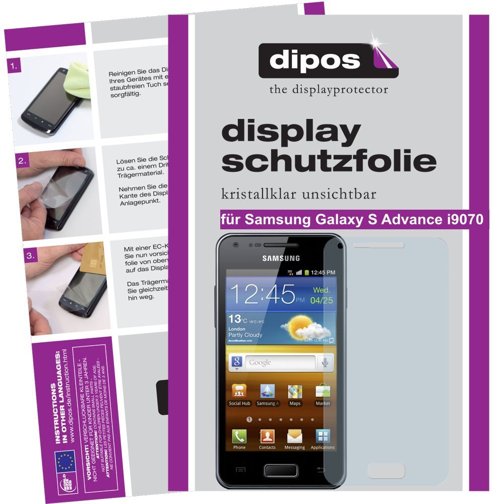 Klare Displayschutzfolie von dipos passend für Galaxy S Advance i9070 Samsung, präziser Zuschnitt und blasenfrei montiert