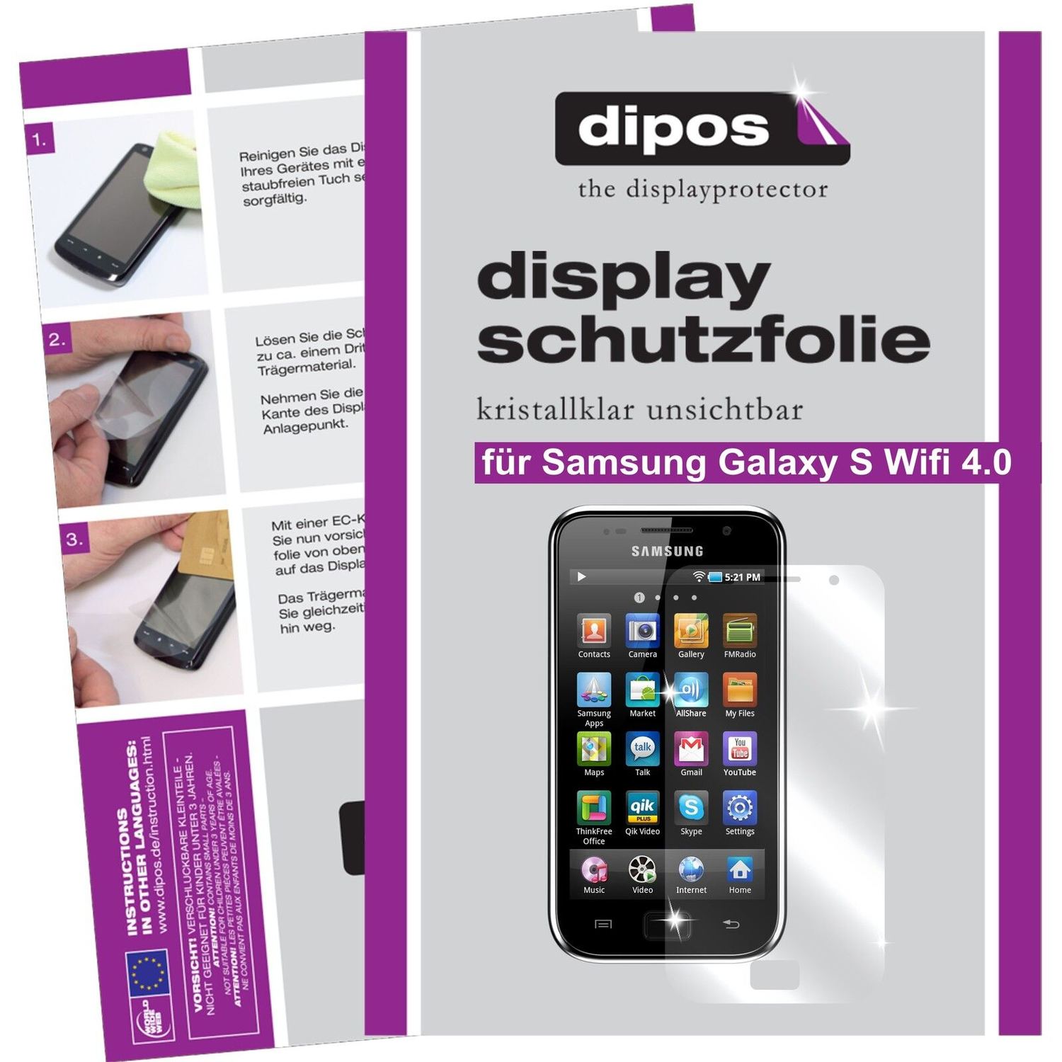 Klare Displayschutzfolie von dipos passend für Galaxy S WiFi 4.0 Samsung, präziser Zuschnitt und blasenfrei montiert