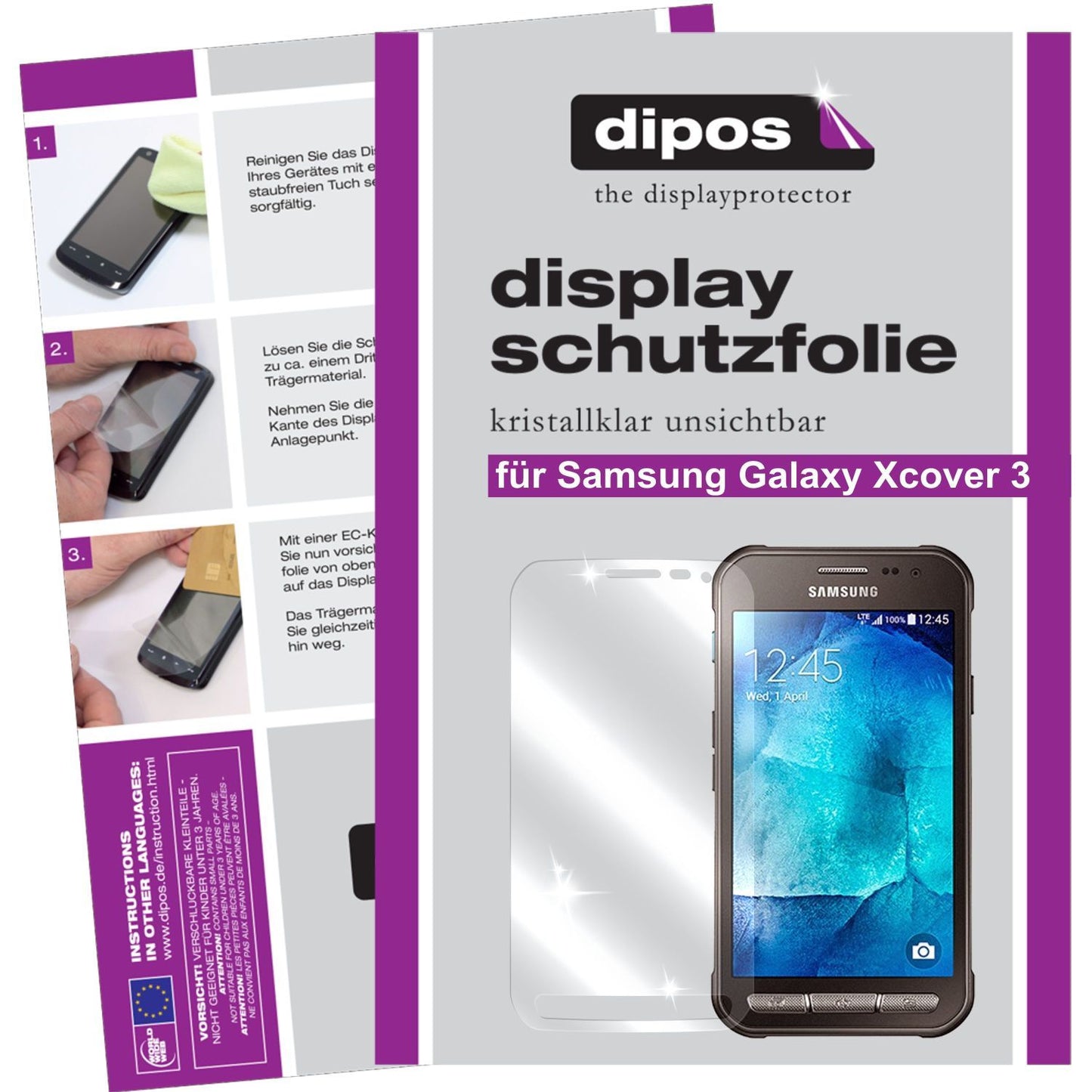 Klare Displayschutzfolie von dipos passend für Galaxy Xcover 3 Samsung, präziser Zuschnitt und blasenfrei montiert