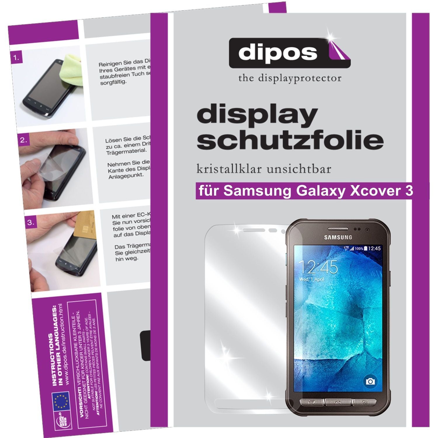 Klare Displayschutzfolie von dipos passend für Galaxy Xcover 3 Samsung, präziser Zuschnitt und blasenfrei montiert