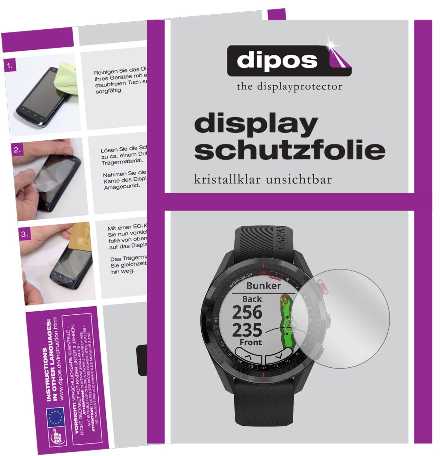 Klare Displayschutzfolie von dipos passend für Garmin Approach S62, präziser Zuschnitt und blasenfrei montiert