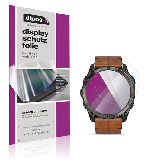 Klare Displayschutzfolie von dipos passend für Garmin D2 Mach 2 Pro 51mm, präziser Zuschnitt und blasenfrei montiert